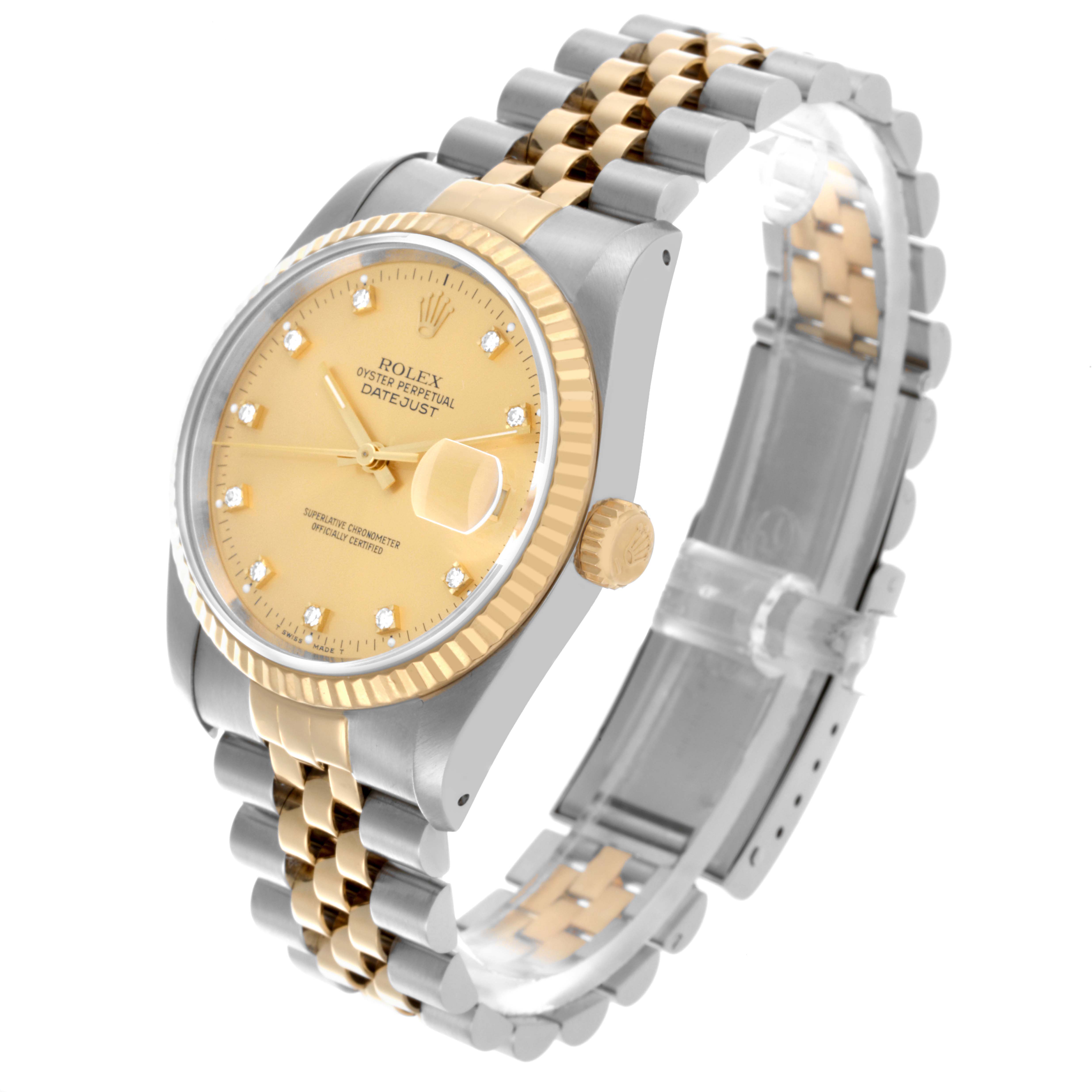The Rolex Datejust 16233 Men's Steel and Gold (two tone) Champagne Dial 16233 Men's Steel and Gold (two tone) Champagne Dial watch is shown at a slight side angle, displaying the bezel, crown, case, dial, and Jubilee bracelet.