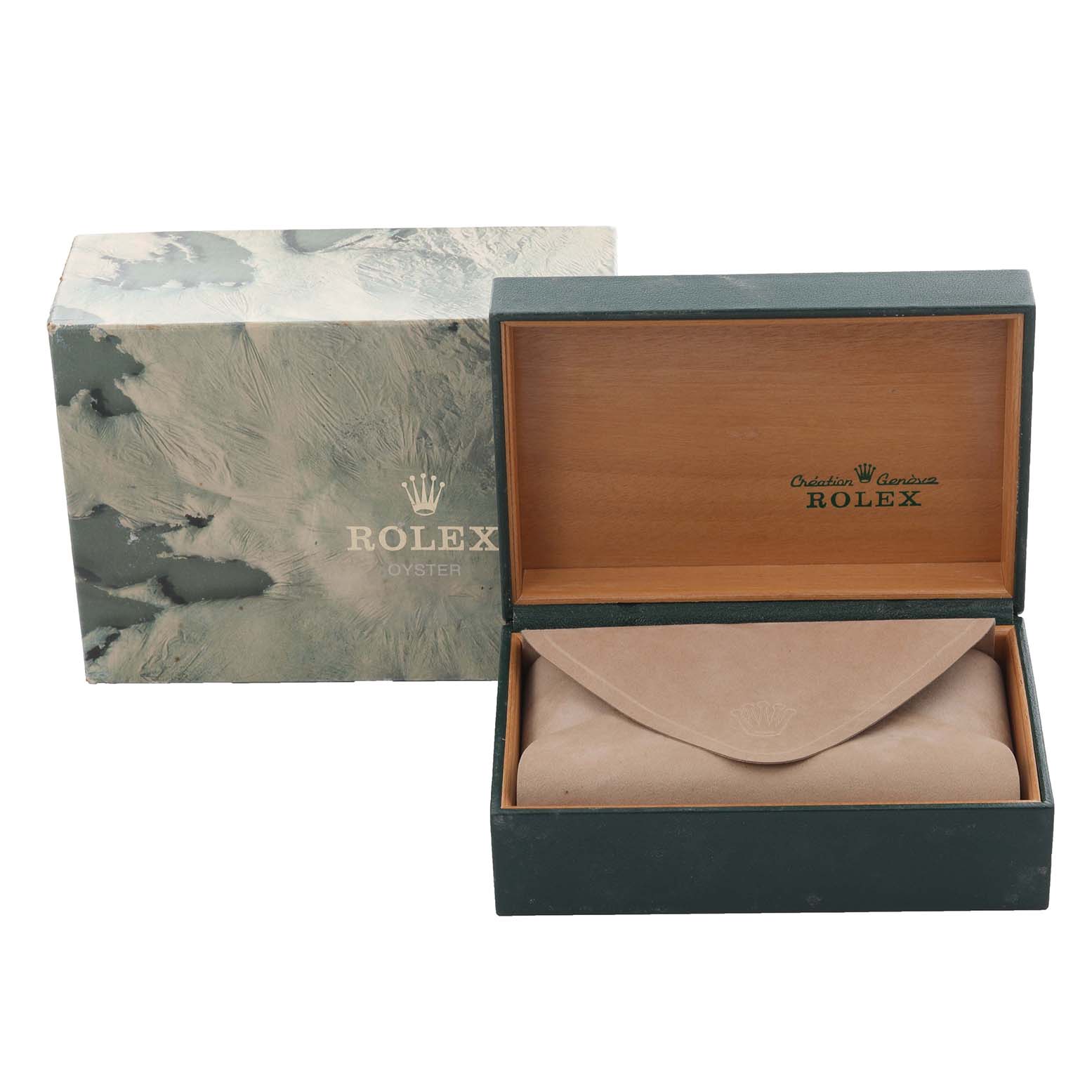 The image shows a Rolex Datejust 16233 Men's Steel and Gold (two tone) Champagne Dial 16233 Men's Steel and Gold (two tone) Champagne Dial box set with an open green case and beige pouch insert, displaying the branding.