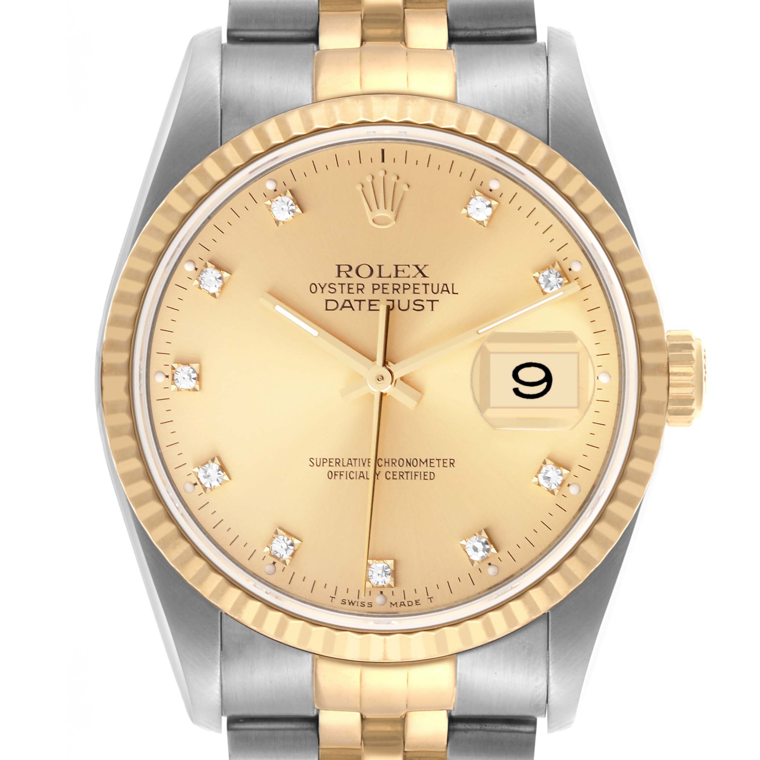 The image shows the Rolex Datejust 16233 Men's Steel and Gold (two tone) Champagne Dial 16233 Men's Steel and Gold (two tone) Champagne Dial watch face from a front angle, highlighting its gold bezel and dial with a date window.