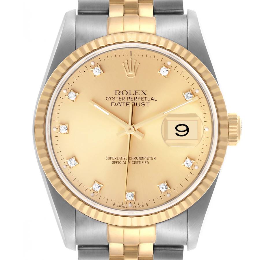 The image shows the Rolex Datejust watch face from a front angle, highlighting its gold bezel and dial with a date window.