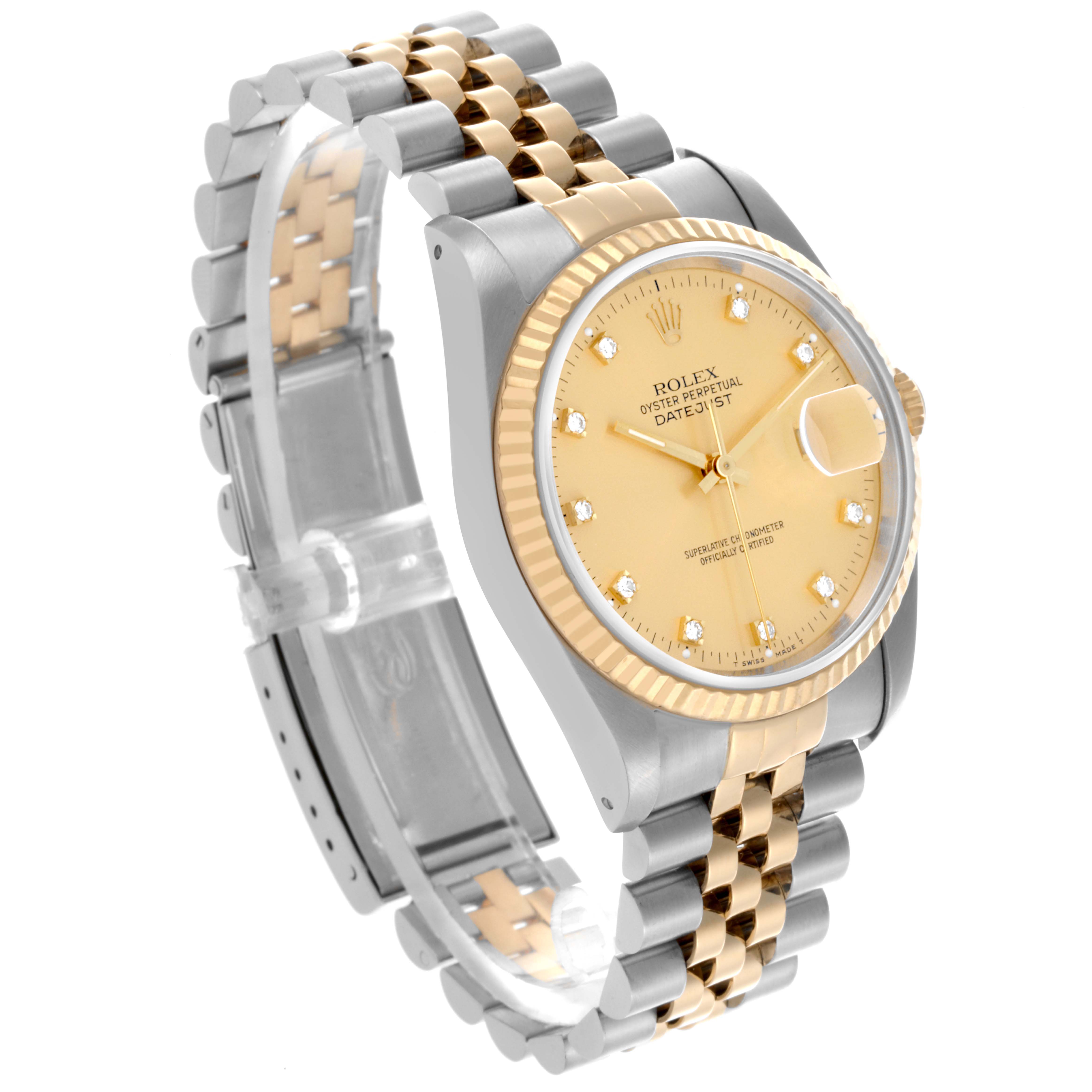 The Rolex Datejust 16233 Men's Steel and Gold (two tone) Champagne Dial 16233 Men's Steel and Gold (two tone) Champagne Dial watch is shown at a three-quarter angle, displaying the face, bezel, and part of the bracelet.