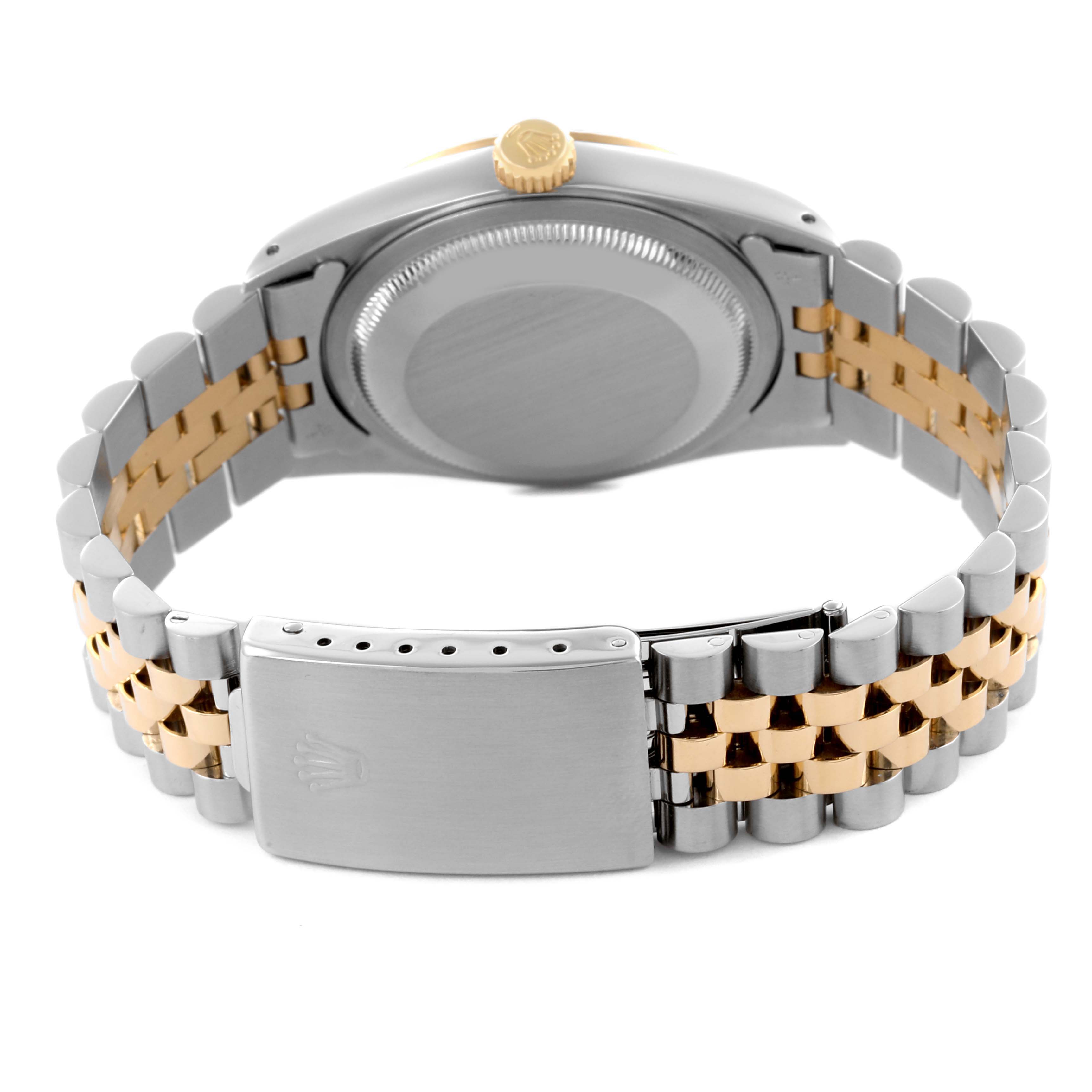 The image shows the back view and clasp of a Rolex Datejust 16233 Men's Steel and Gold (two tone) Champagne Dial 16233 Men's Steel and Gold (two tone) Champagne Dial, highlighting its two-tone bracelet and case back.