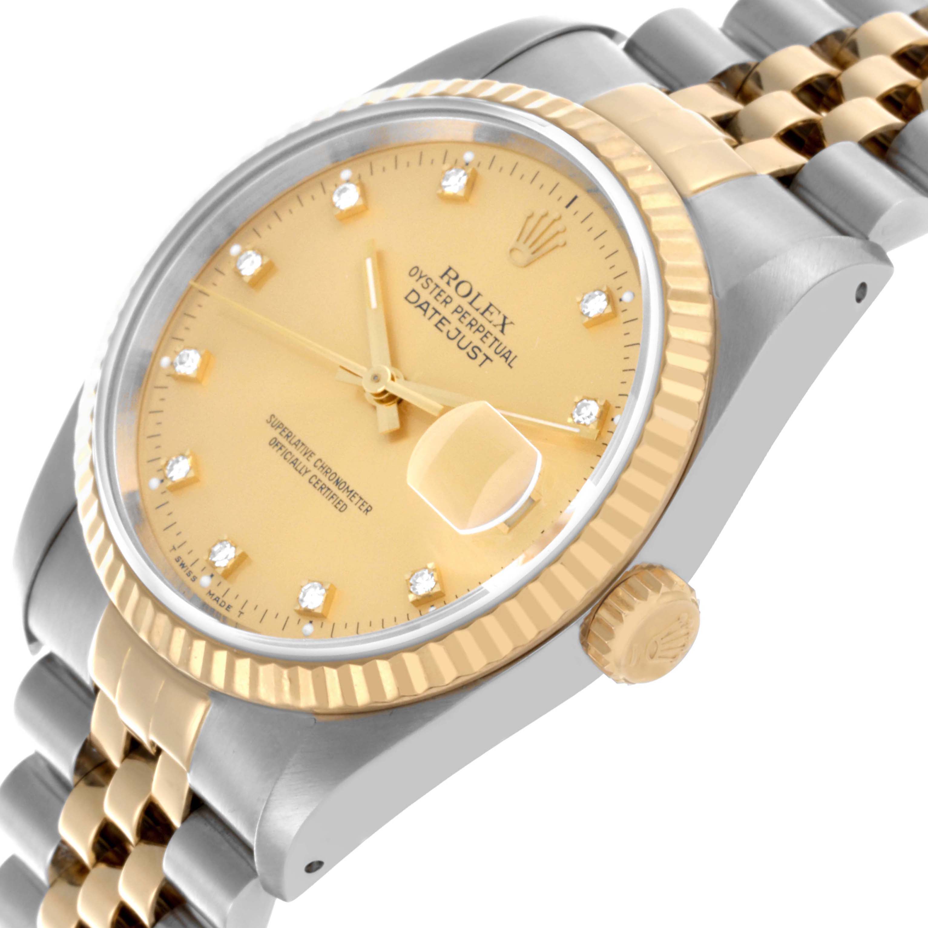The Rolex Datejust 16233 Men's Steel and Gold (two tone) Champagne Dial 16233 Men's Steel and Gold (two tone) Champagne Dial watch is shown at an angled side view, displaying its dial, bezel, crown, and two-tone bracelet.