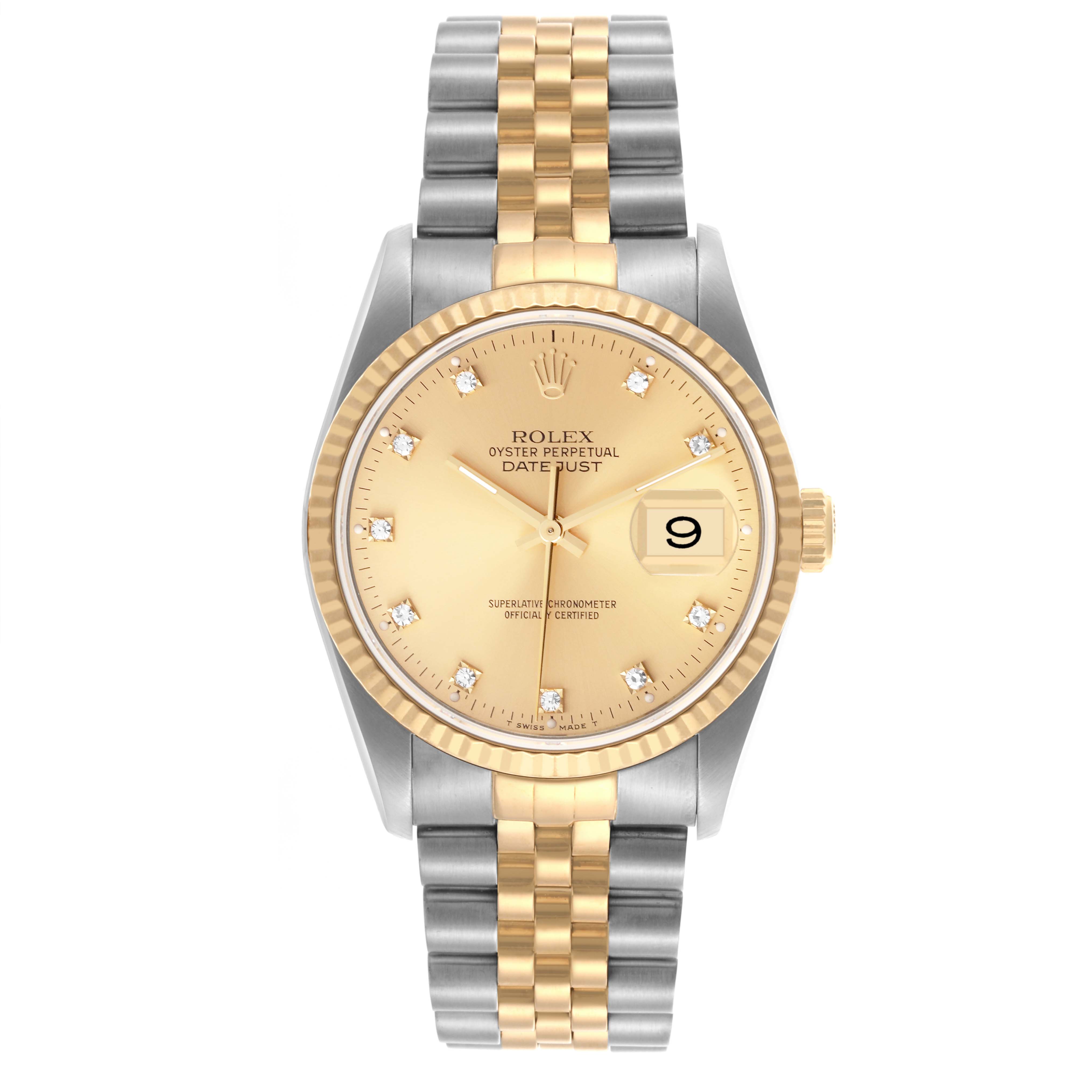 The Rolex Datejust 16233 Men's Steel and Gold (two tone) Champagne Dial 16233 Men's Steel and Gold (two tone) Champagne Dial watch is shown from a front angle, highlighting its dial, bezel, and two-tone bracelet.