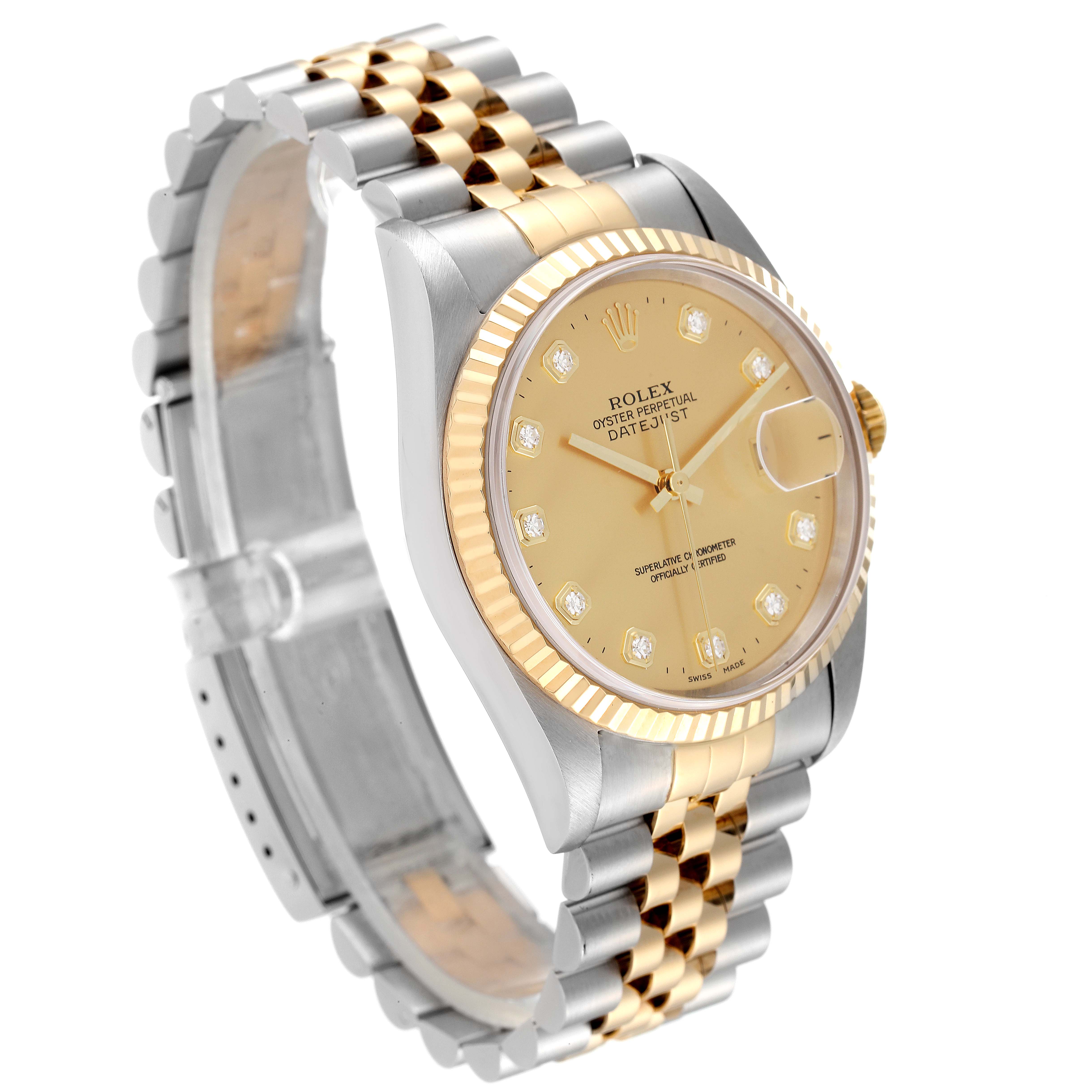 The image shows a side angle of a Rolex Datejust 16233 Men's Steel and Gold (two tone) Champagne Dial 16233 Men's Steel and Gold (two tone) Champagne Dial watch, highlighting its two-tone bracelet, fluted bezel, and champagne dial.
