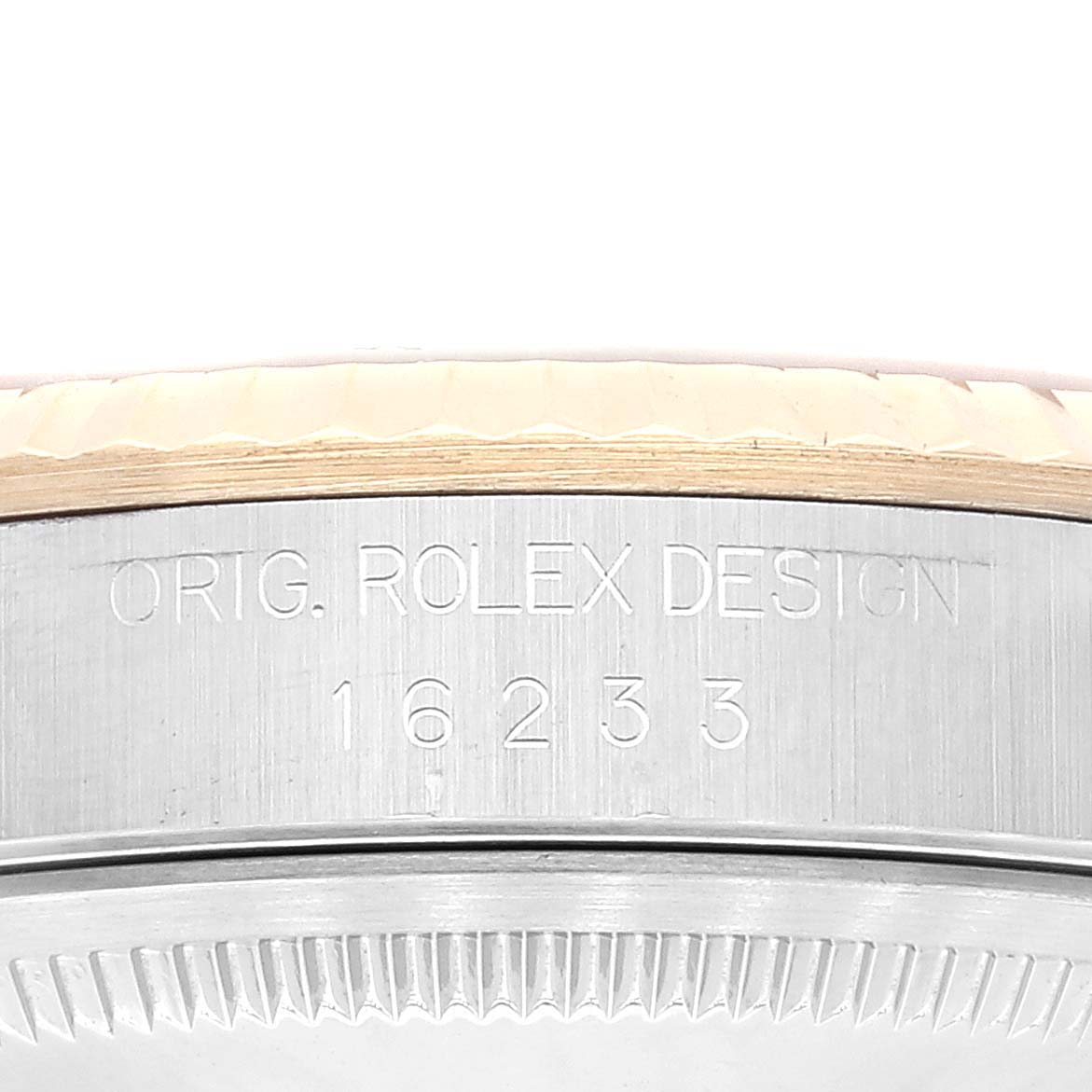 The image shows an engraved side view of the case, bezel, and case back of a Rolex Datejust 16233 Men's Steel and Gold (two tone) Champagne Dial 16233 Men's Steel and Gold (two tone) Champagne Dial model.