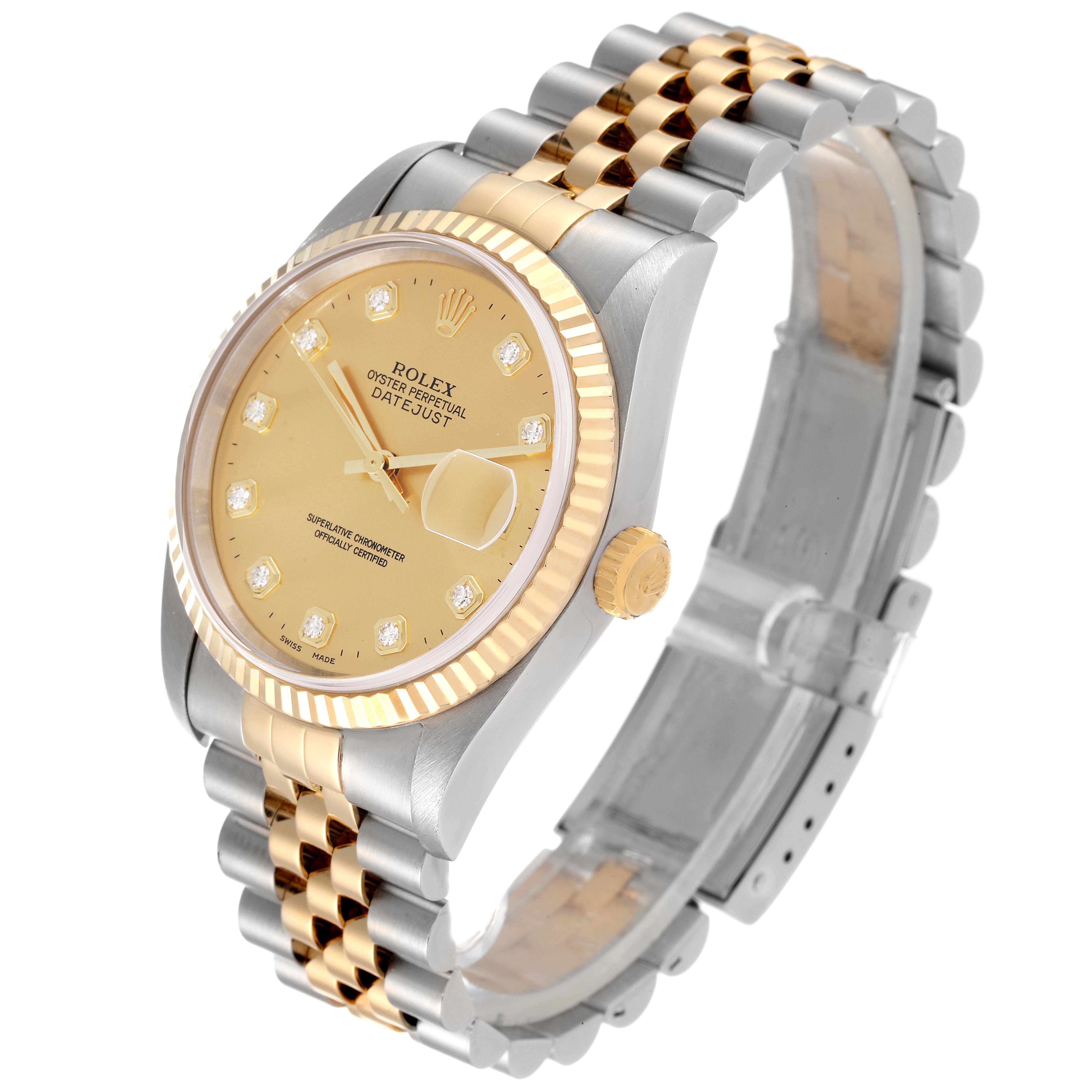 This image shows a Rolex Datejust 16233 Men's Steel and Gold (two tone) Champagne Dial 16233 Men's Steel and Gold (two tone) Champagne Dial watch at an angled side view, highlighting its dial, bezel, and two-tone bracelet.