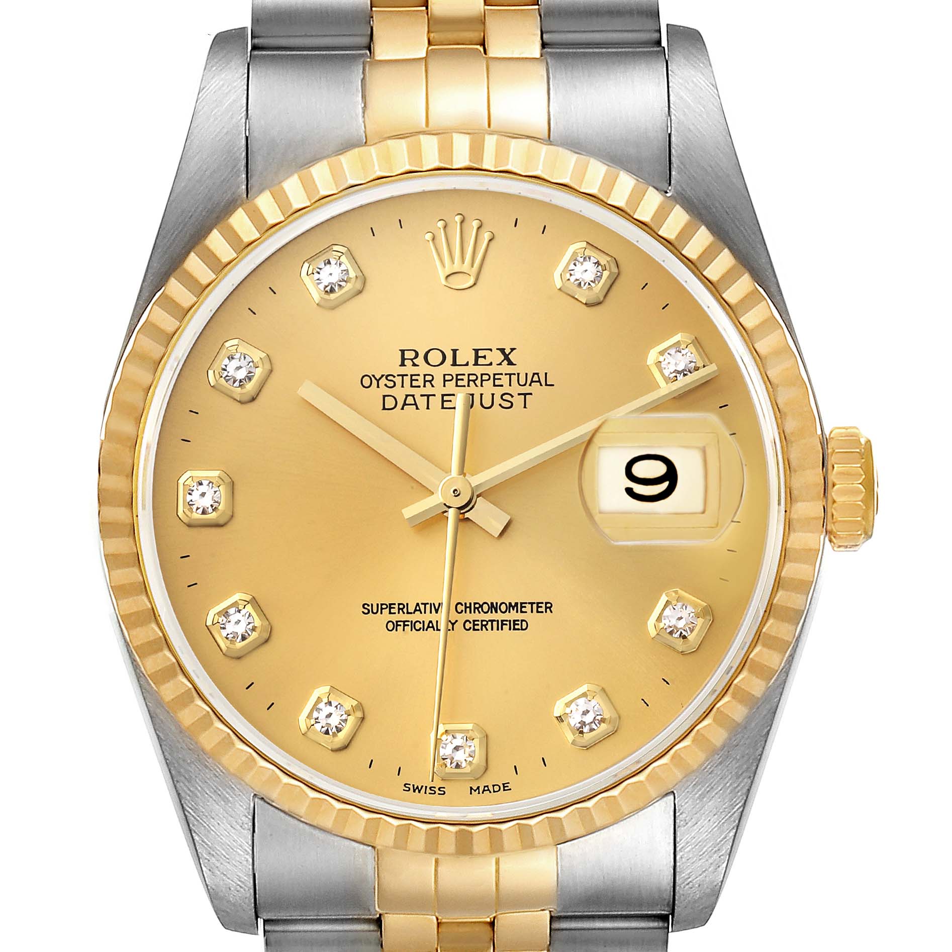 This Rolex Datejust 16233 Men's Steel and Gold (two tone) Champagne Dial 16233 Men's Steel and Gold (two tone) Champagne Dial watch is shown from the front, displaying its gold dial, date window, diamond hour markers, and two-tone bracelet.