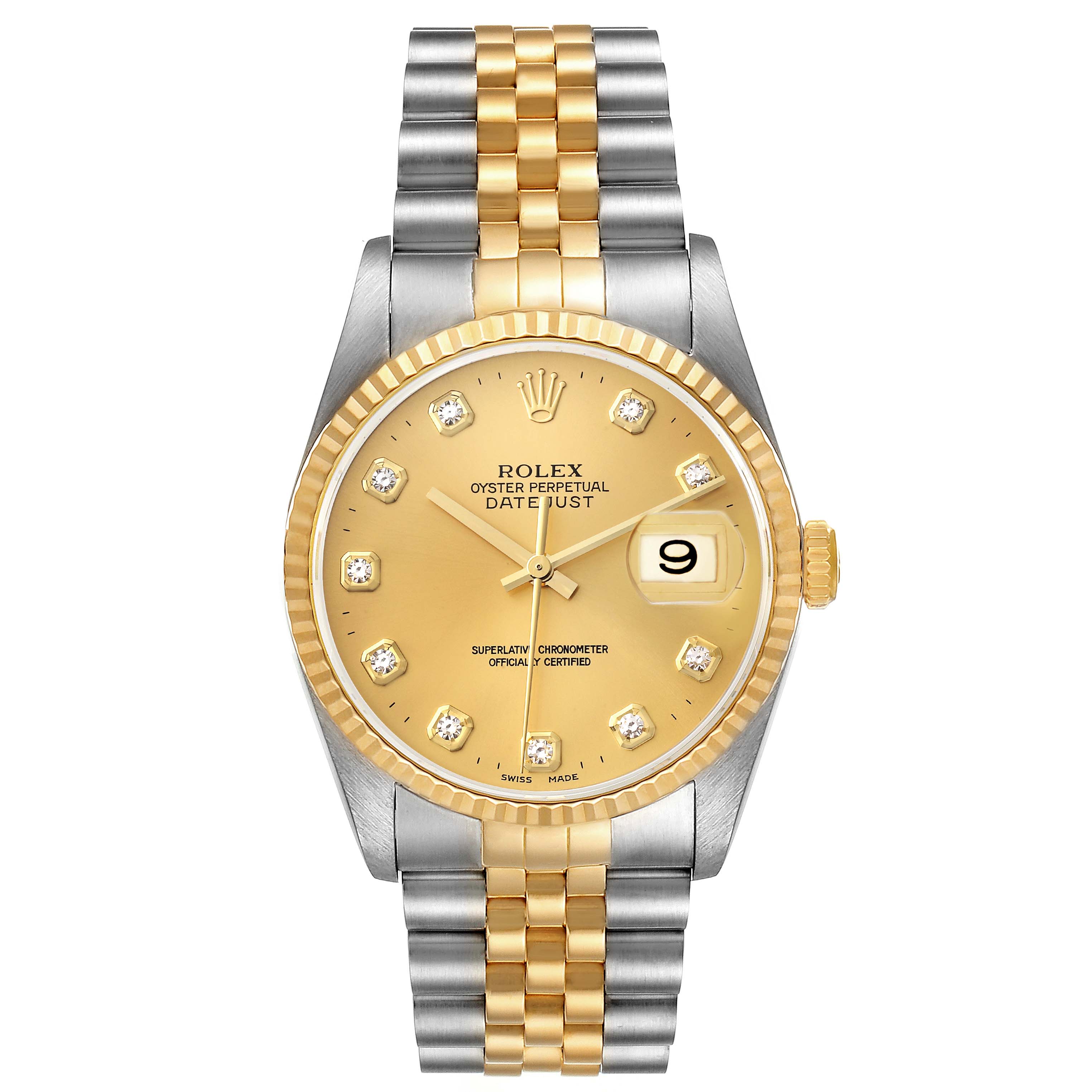 The image shows a front view of a Rolex Datejust 16233 Men's Steel and Gold (two tone) Champagne Dial 16233 Men's Steel and Gold (two tone) Champagne Dial watch, displaying the dial, hands, date window, and two-tone bracelet.