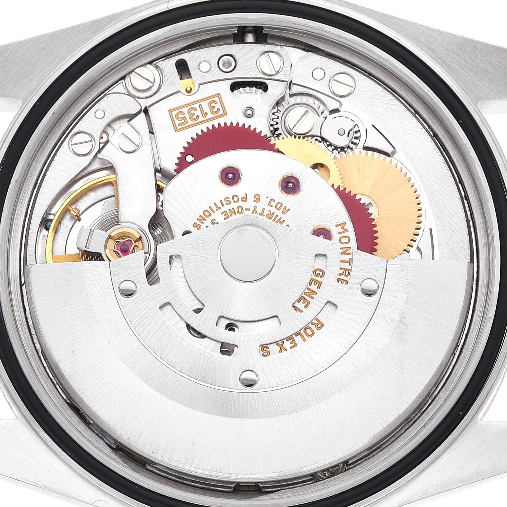 The image shows the movement and internal mechanisms of a Rolex Datejust 16233 Men's Steel and Gold (two tone) Champagne Dial 16233 Men's Steel and Gold (two tone) Champagne Dial watch viewed from the back.