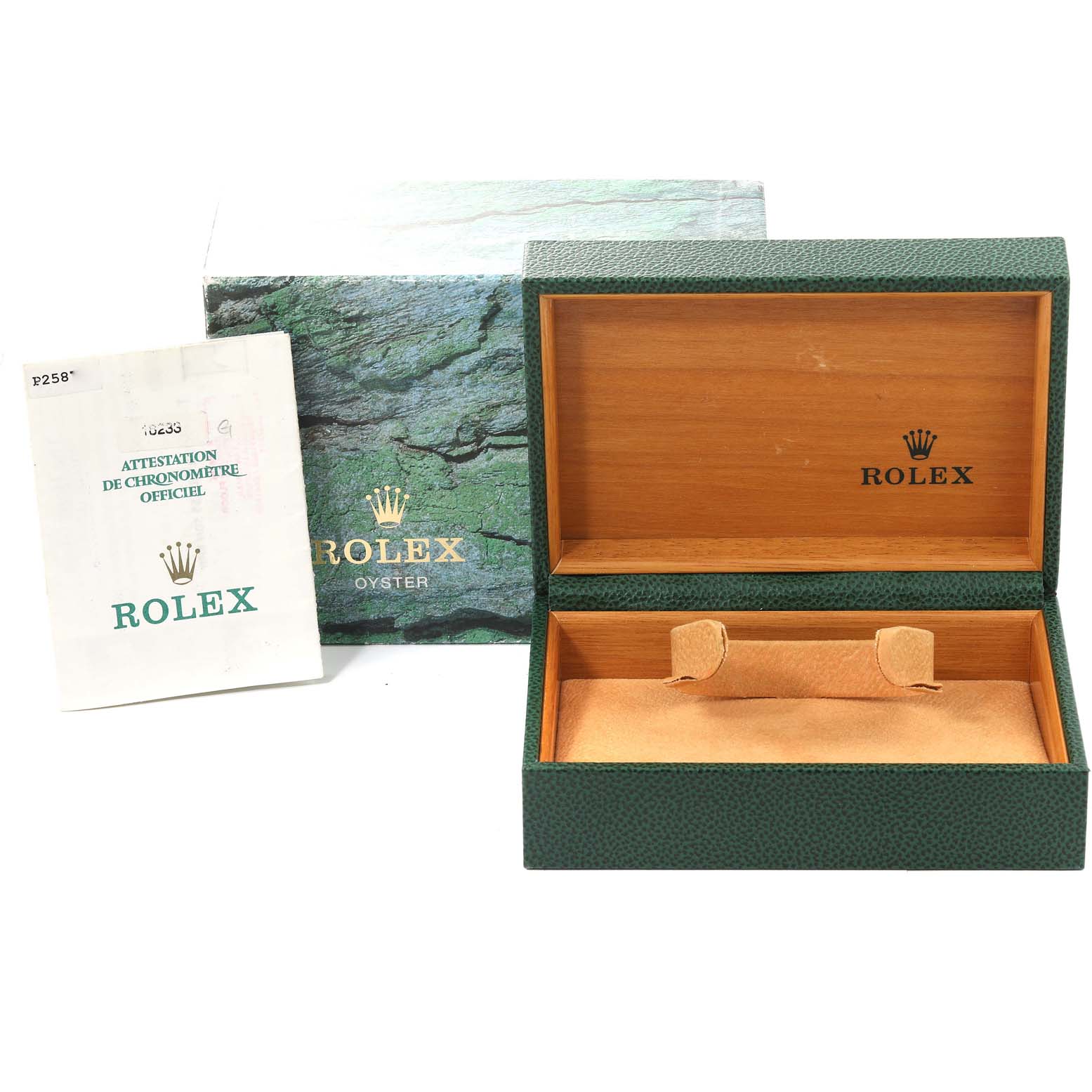 This image shows an open Rolex Datejust 16233 Men's Steel and Gold (two tone) Champagne Dial 16233 Men's Steel and Gold (two tone) Champagne Dial watch box, certificate booklet, and outer packaging.