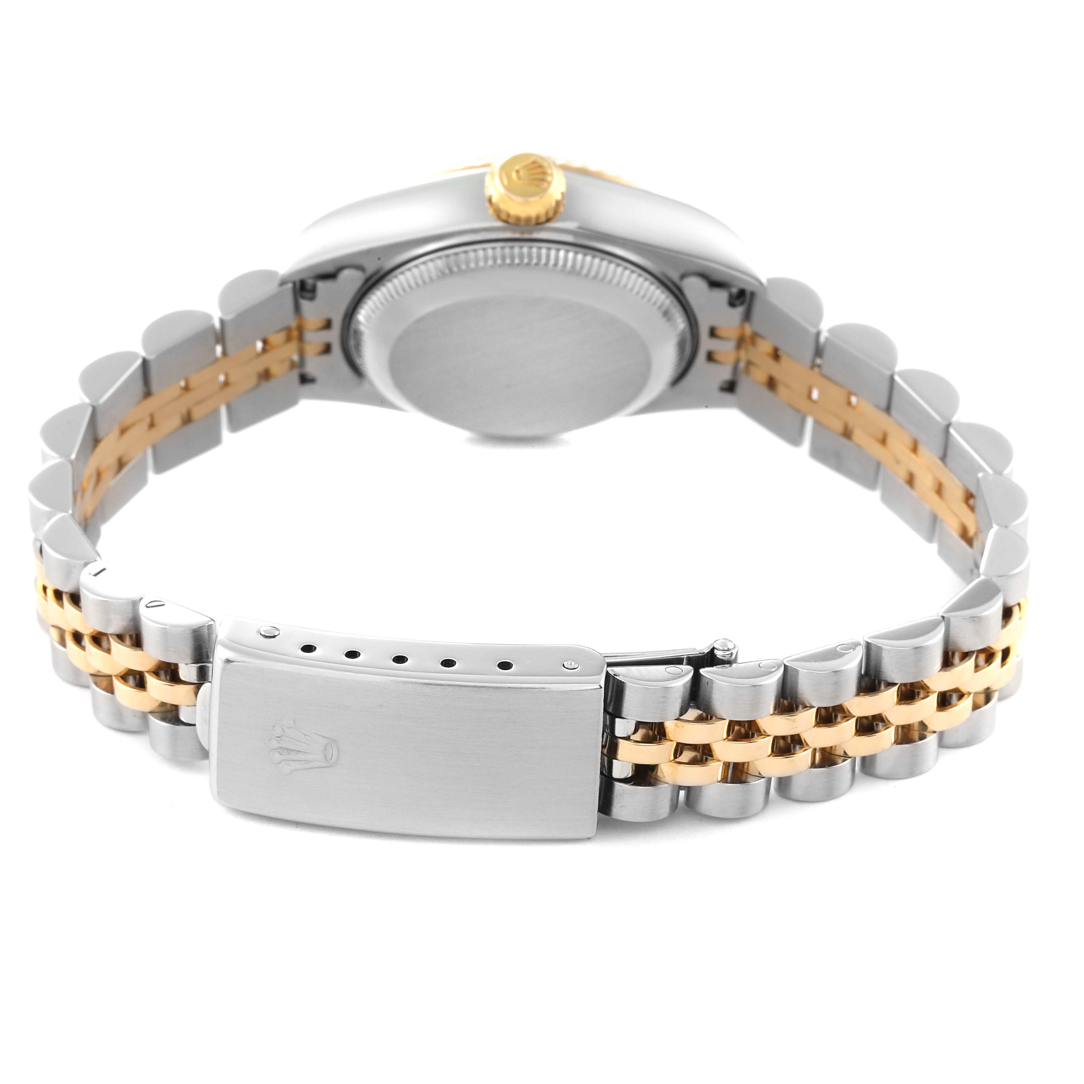 The image shows the back and side view of the watch case and bracelet of a Rolex Datejust 79173 Women's Steel and Gold (two tone) Grey Dial 79173 Women's Steel and Gold (two tone) Grey Dial model.