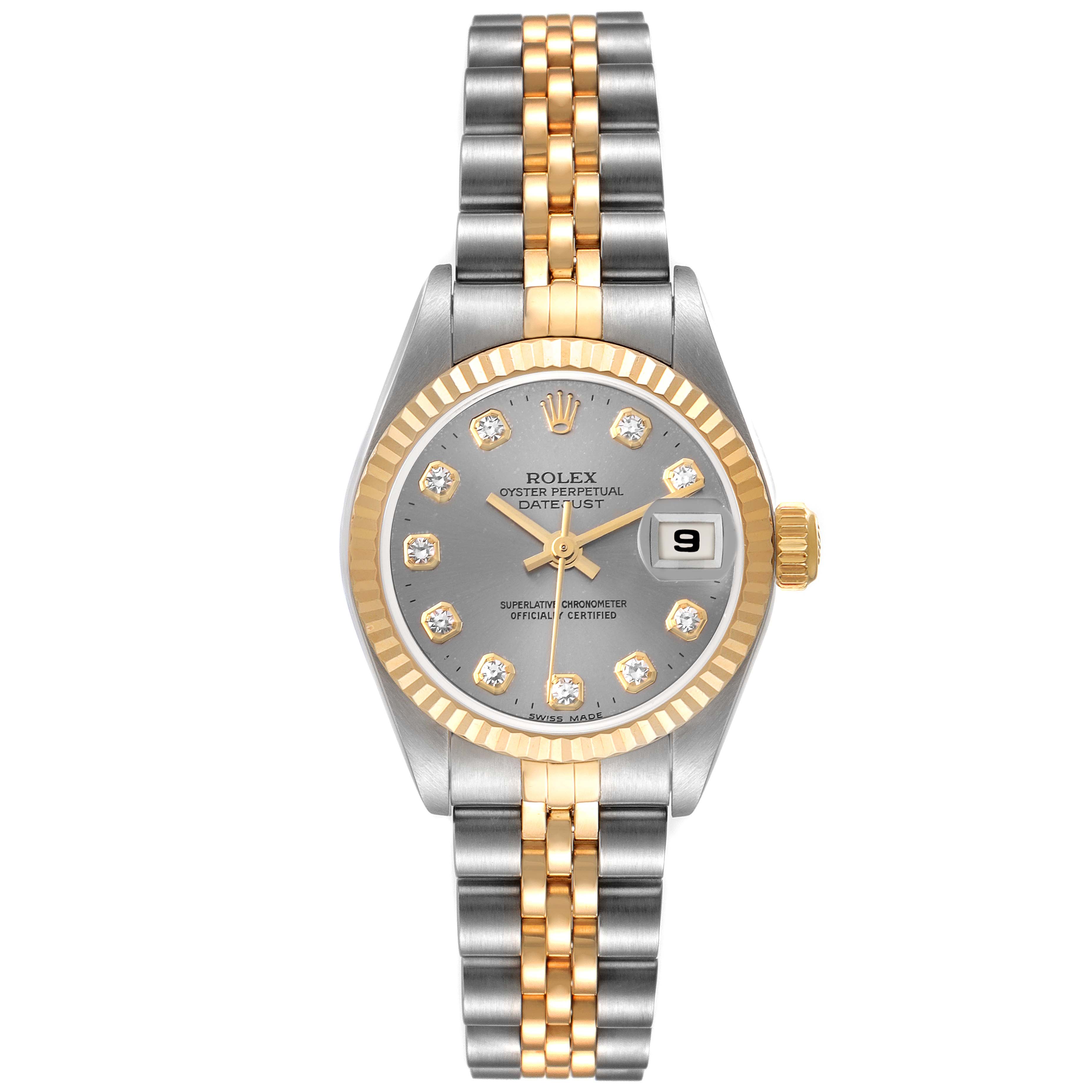 The image shows a front view of the Rolex Datejust 79173 Women's Steel and Gold (two tone) Grey Dial 79173 Women's Steel and Gold (two tone) Grey Dial watch, displaying the dial, bezel, crown, and bracelet.