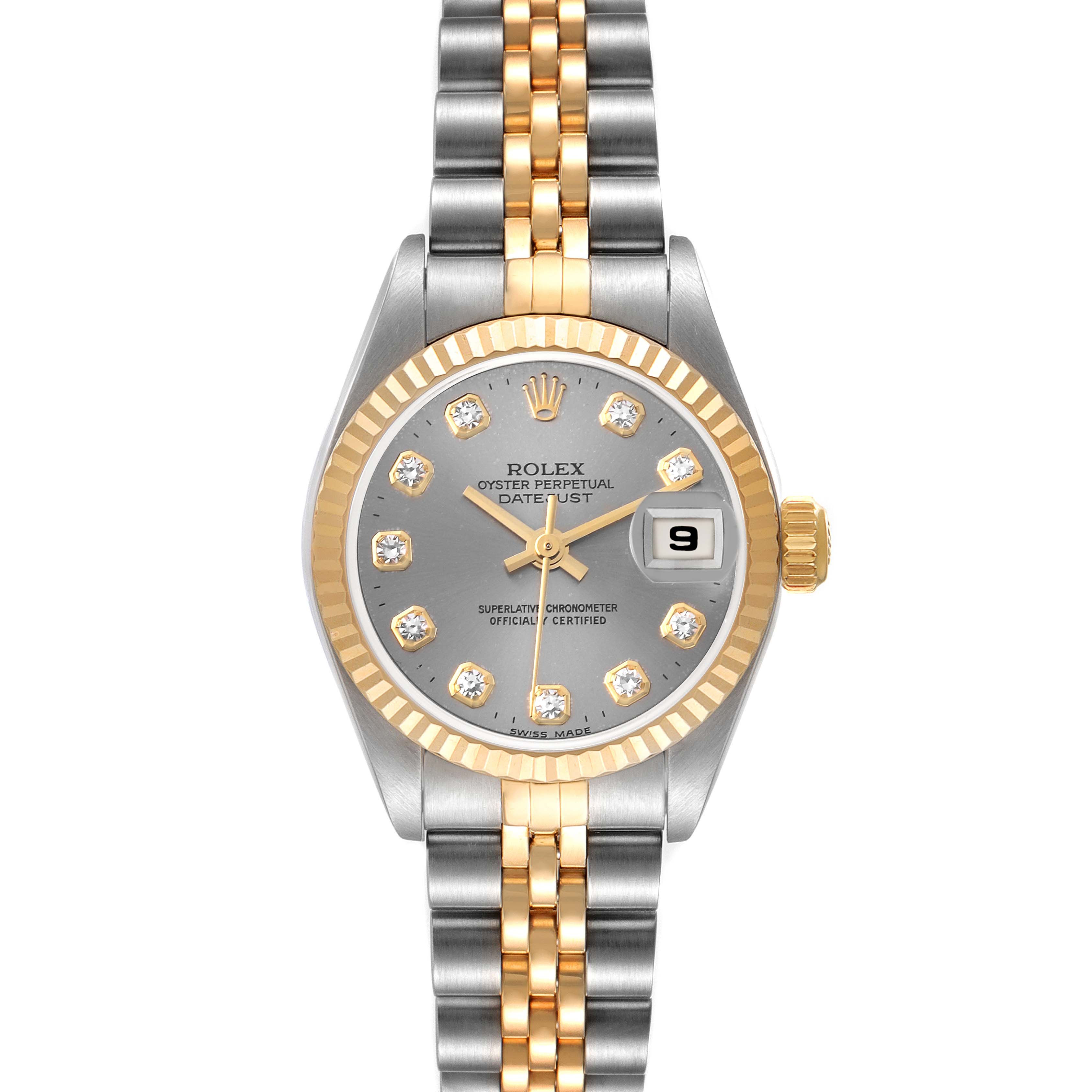 The image displays a front view of a Rolex Datejust 79173 Women's Steel and Gold (two tone) Grey Dial 79173 Women's Steel and Gold (two tone) Grey Dial watch, featuring a two-tone bracelet and diamond markers on a grey dial.