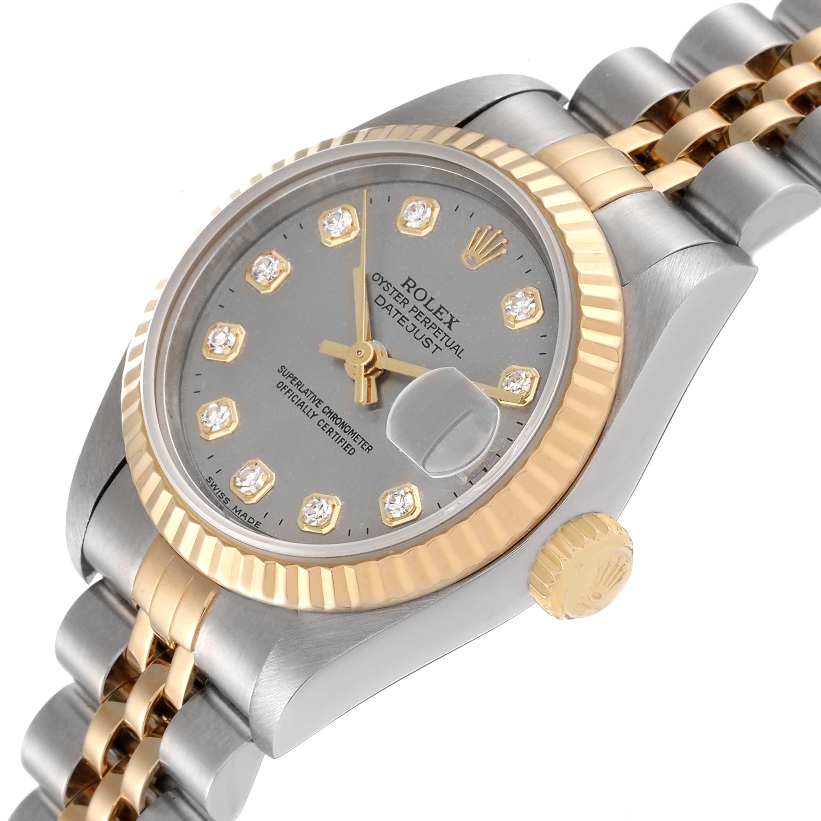 This Rolex Datejust 79173 Women's Steel and Gold (two tone) Grey Dial 79173 Women's Steel and Gold (two tone) Grey Dial watch is shown at a slight angle, displaying its dial, bezel, crown, and part of the bracelet.