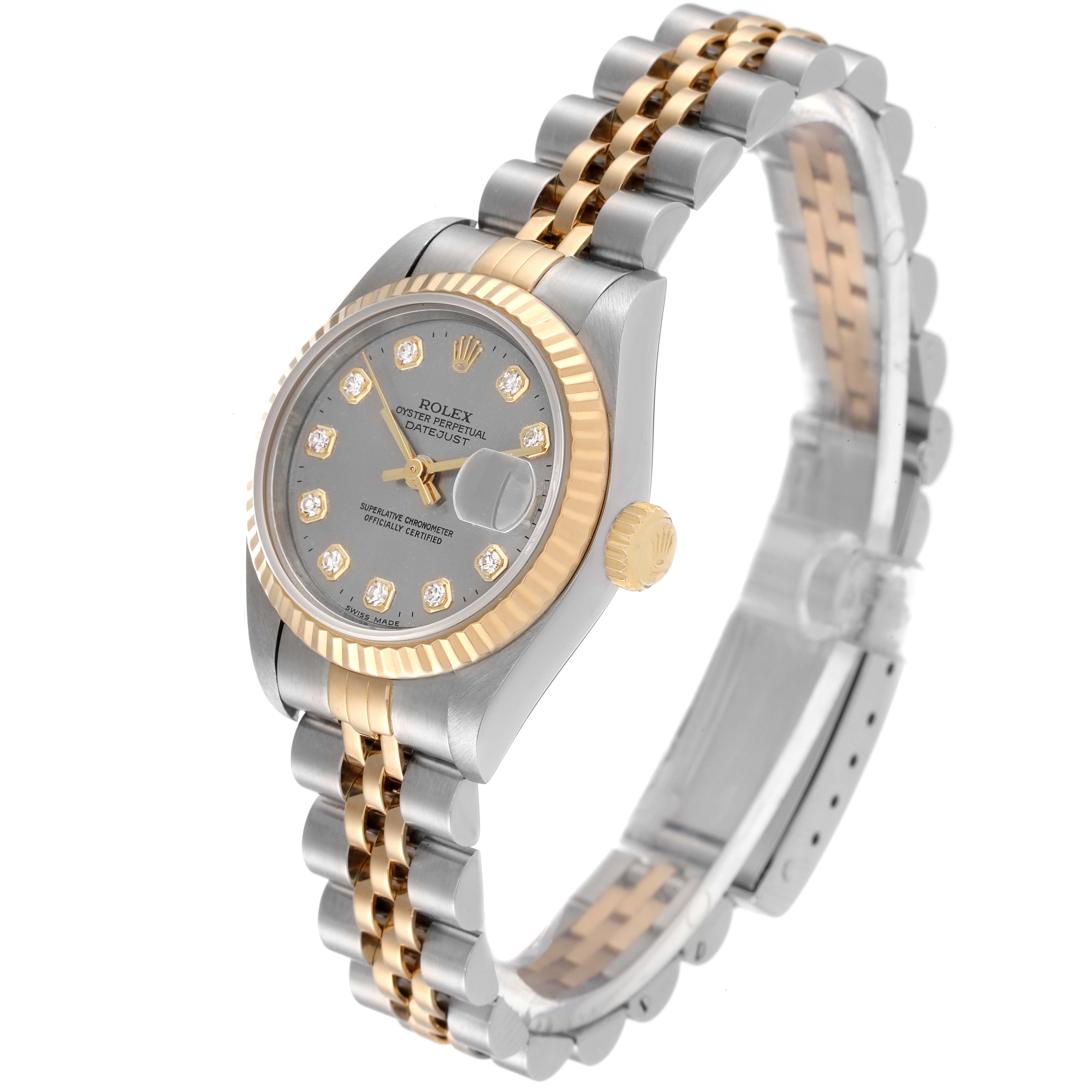 The Rolex Datejust 79173 Women's Steel and Gold (two tone) Grey Dial 79173 Women's Steel and Gold (two tone) Grey Dial watch is shown at an angled view displaying the dial, bezel, crown, and a partial view of the bracelet.