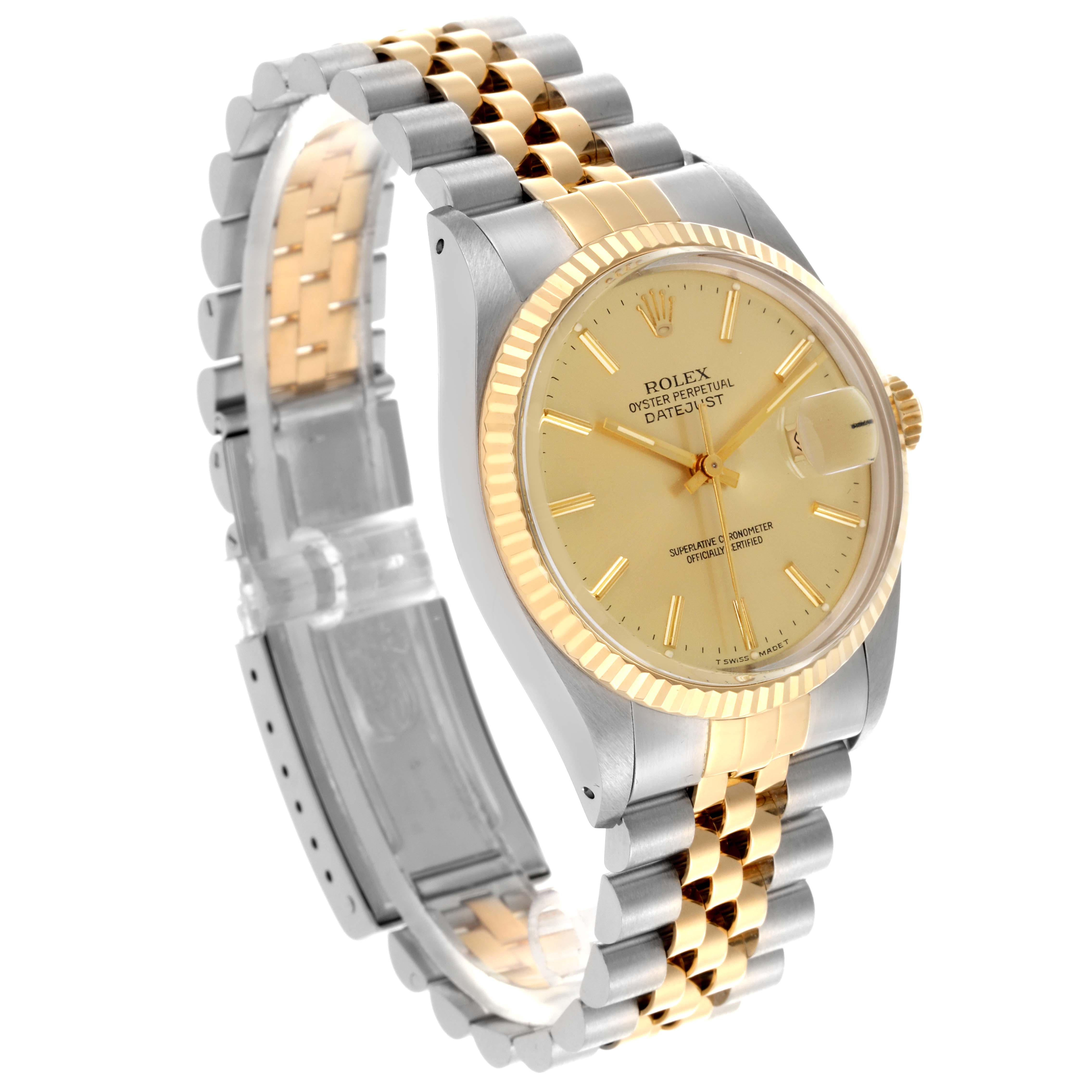 The Rolex Datejust 16013 Men
s Steel and Gold (two tone) Champagne Dial 16013 Men
s Steel and Gold (two tone) Champagne Dial watch is shown at a slight side angle, highlighting the gold dial, fluted bezel, and two-tone bracelet.