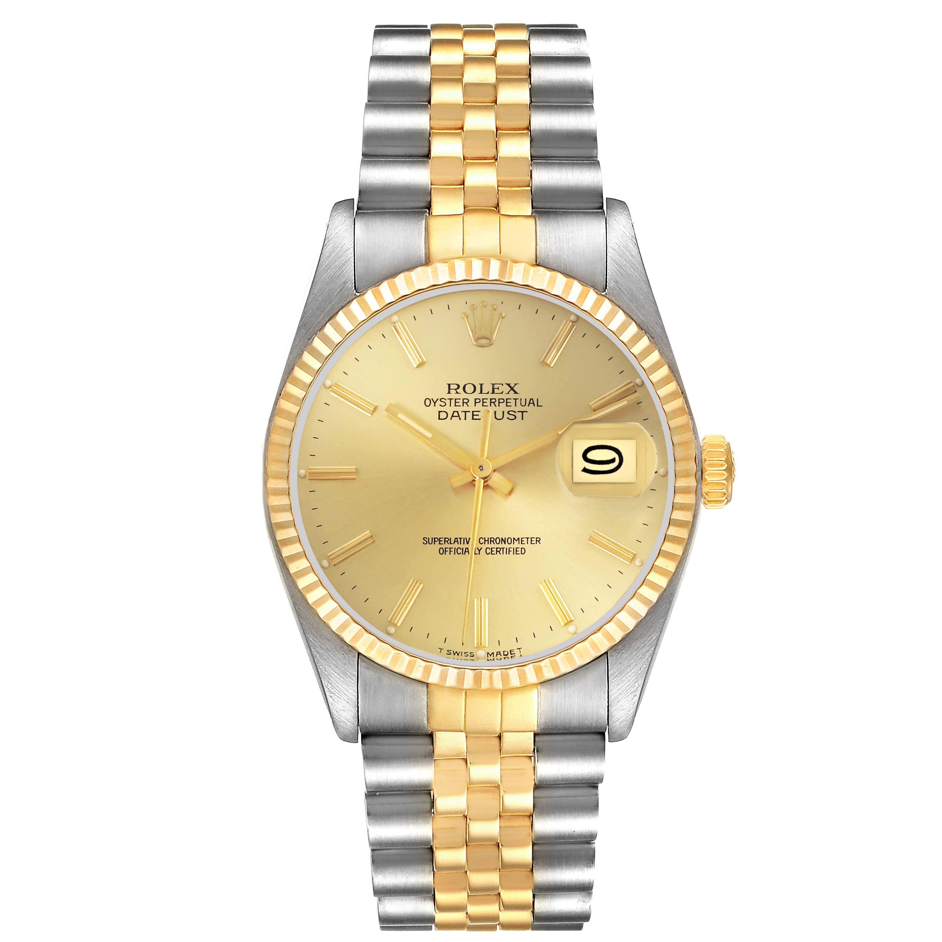 The image shows a front view of the Rolex Datejust 16013 Men
s Steel and Gold (two tone) Champagne Dial 16013 Men
s Steel and Gold (two tone) Champagne Dial watch, highlighting the two-tone bracelet and gold dial.