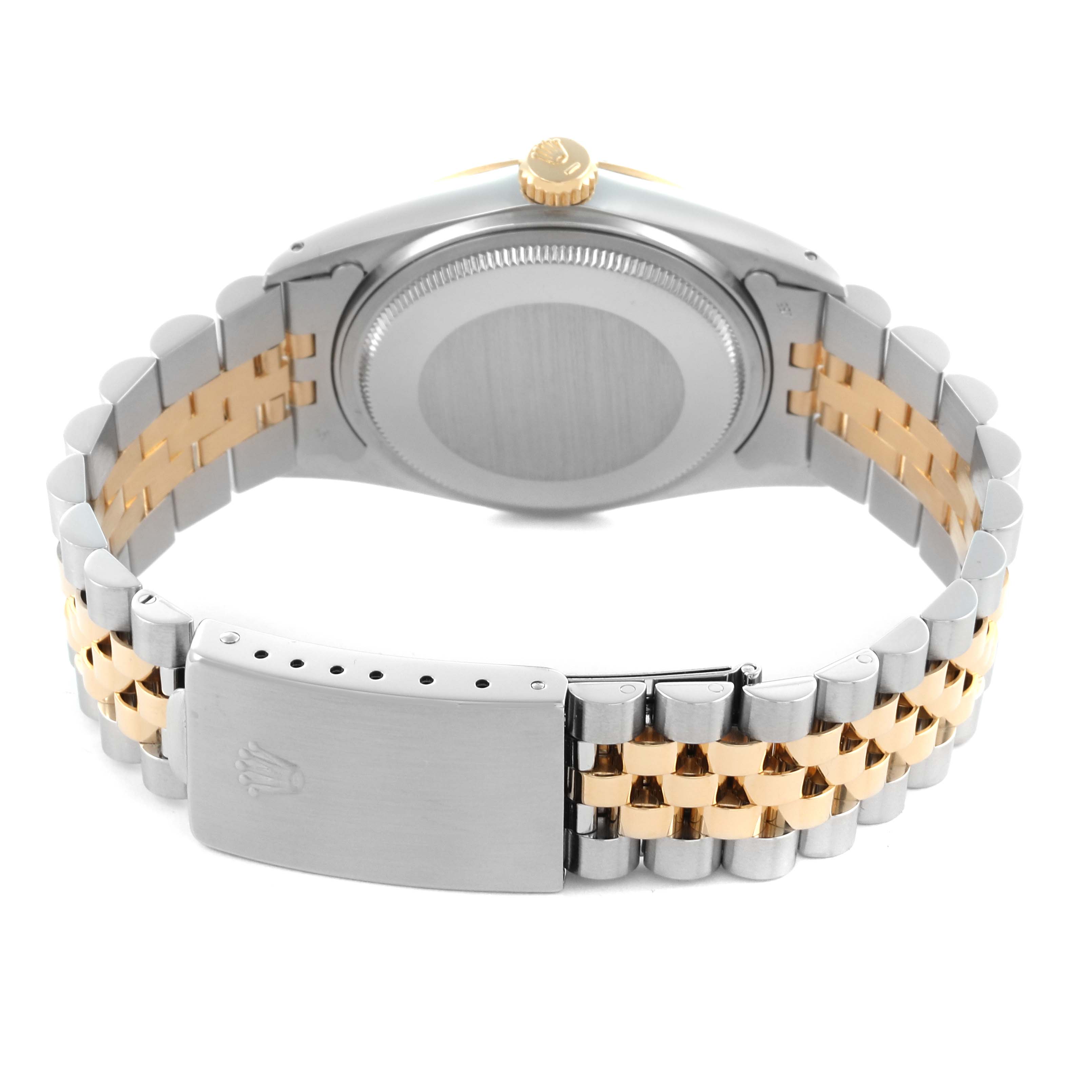 The Rolex Datejust 16013 Men
s Steel and Gold (two tone) Champagne Dial 16013 Men
s Steel and Gold (two tone) Champagne Dial watch is shown from the back, focusing on the clasp, bracelet, and case back.