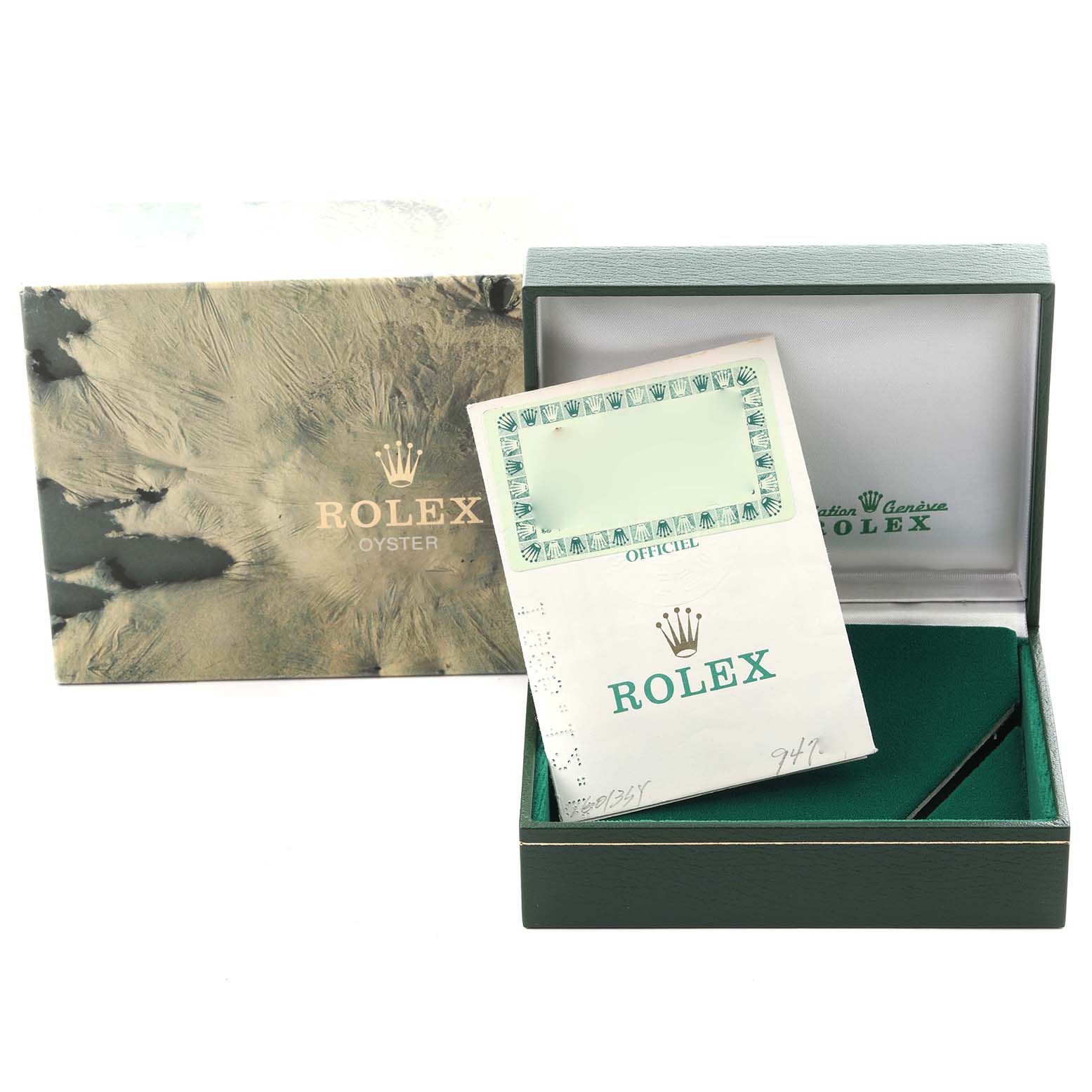 The image shows a Rolex Datejust 16013 Men
s Steel and Gold (two tone) Champagne Dial 16013 Men
s Steel and Gold (two tone) Champagne Dial box, warranty card, and packaging materials at an angle from above.