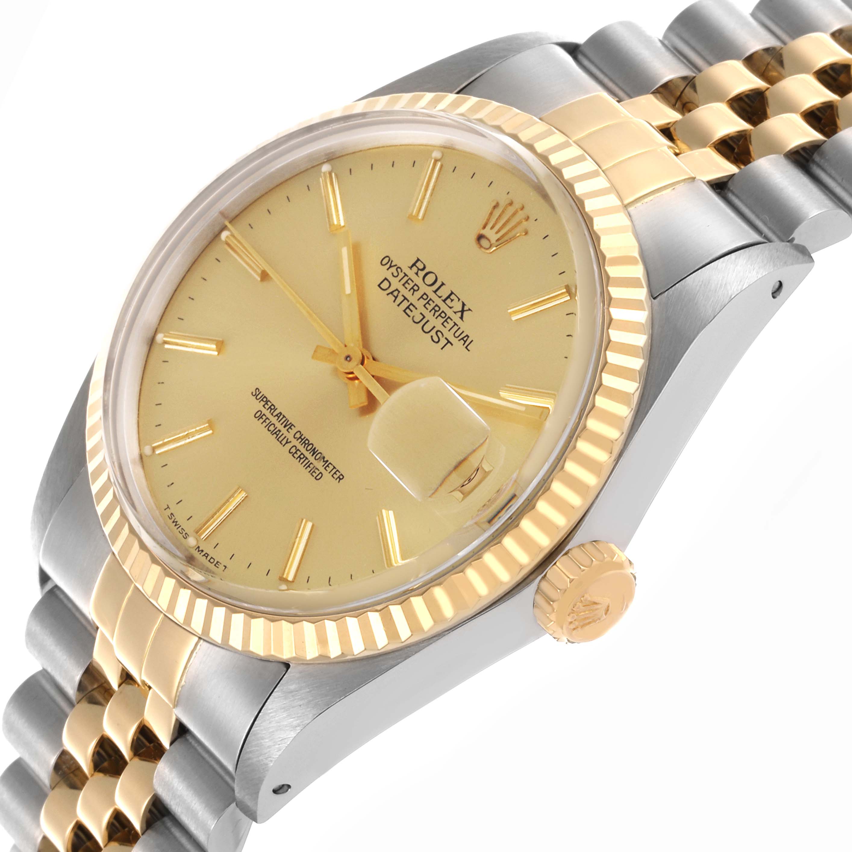 The Rolex Datejust 16013 Men
s Steel and Gold (two tone) Champagne Dial 16013 Men
s Steel and Gold (two tone) Champagne Dial watch is shown at an angled side view, highlighting the face, bezel, crown, and part of the bracelet.
