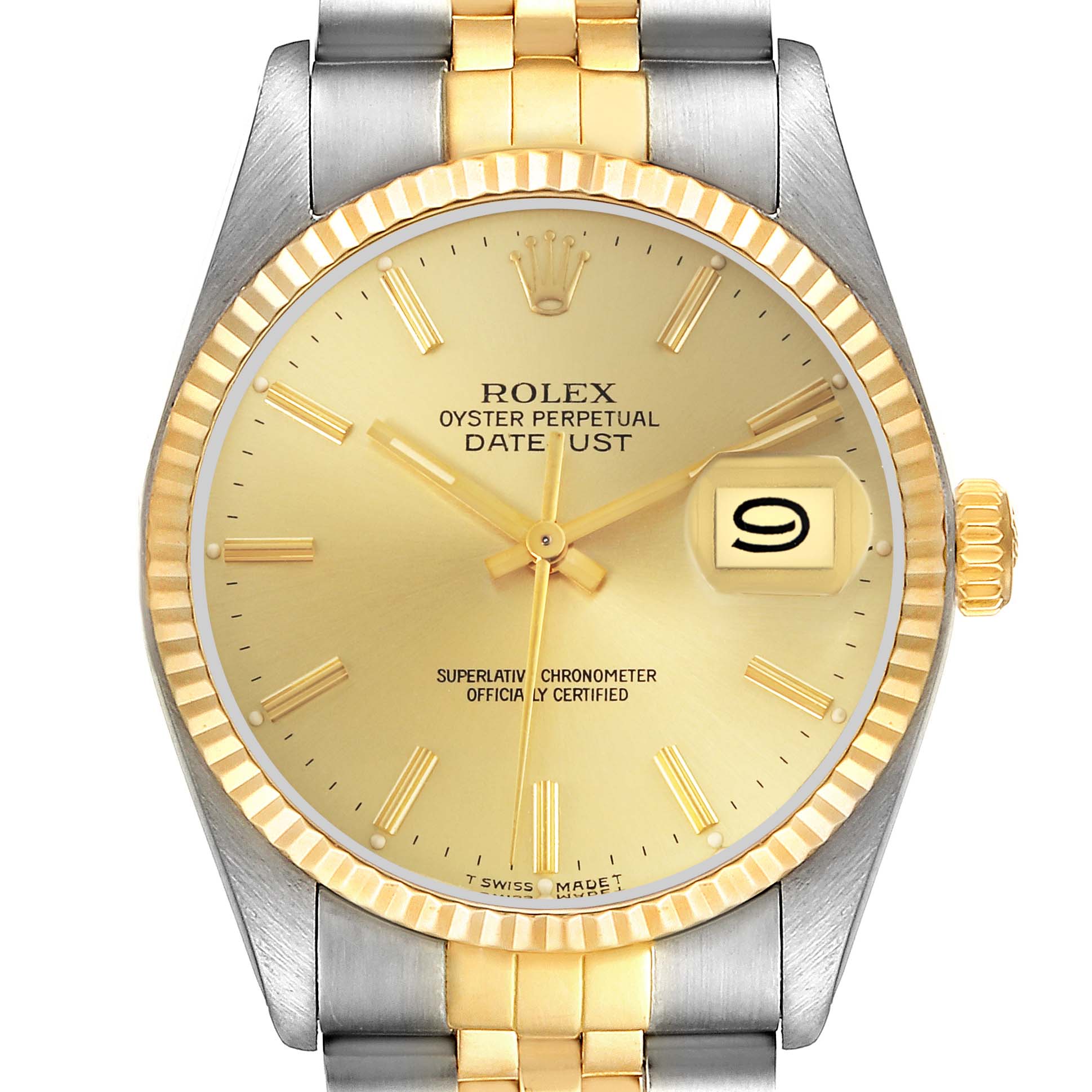 The Rolex Datejust 16013 Men
s Steel and Gold (two tone) Champagne Dial 16013 Men
s Steel and Gold (two tone) Champagne Dial watch is shown from the front, displaying the face, bezel, crown, and part of the bracelet.