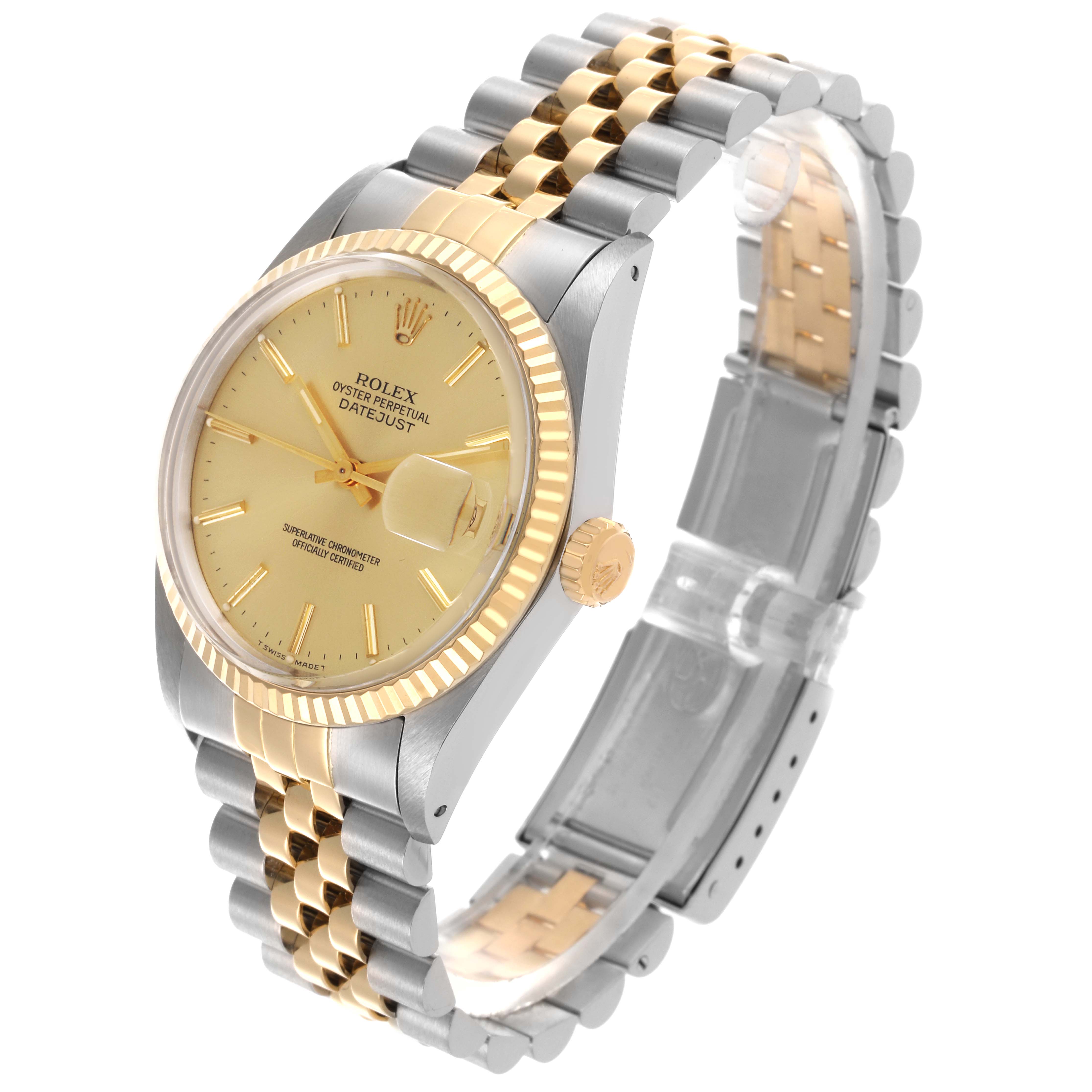The Rolex Datejust 16013 Men
s Steel and Gold (two tone) Champagne Dial 16013 Men
s Steel and Gold (two tone) Champagne Dial watch is shown at a slight angle, displaying its face, bezel, crown, and bracelet.