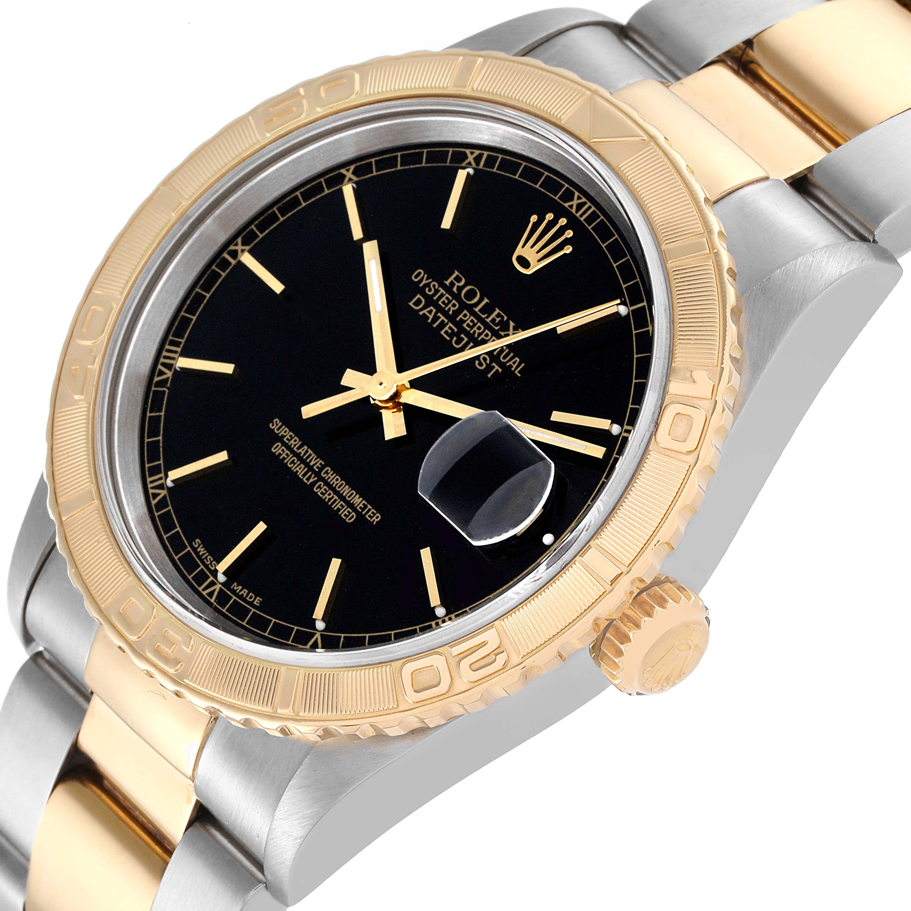 The image shows a side angle of the Rolex Turn-o-Graph 16263 Men's Steel and Gold (two tone) Black Dial 16263 Men's Steel and Gold (two tone) Black Dial watch, highlighting its black dial, gold bezel, and two-tone bracelet.