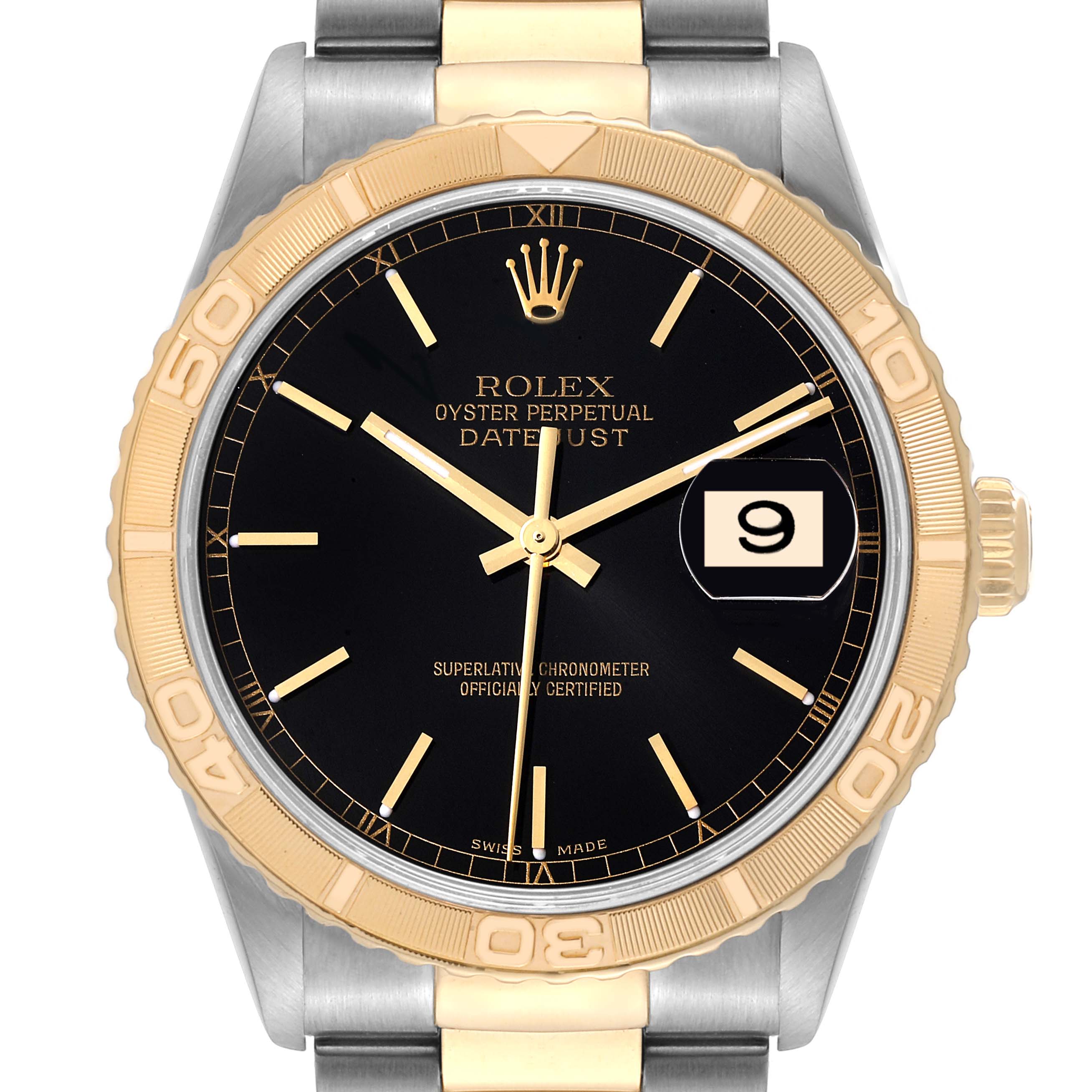 Front view of the Rolex Turn-o-Graph 16263 Men's Steel and Gold (two tone) Black Dial 16263 Men's Steel and Gold (two tone) Black Dial showing the dial, hands, bezel, crown, and part of the bracelet.