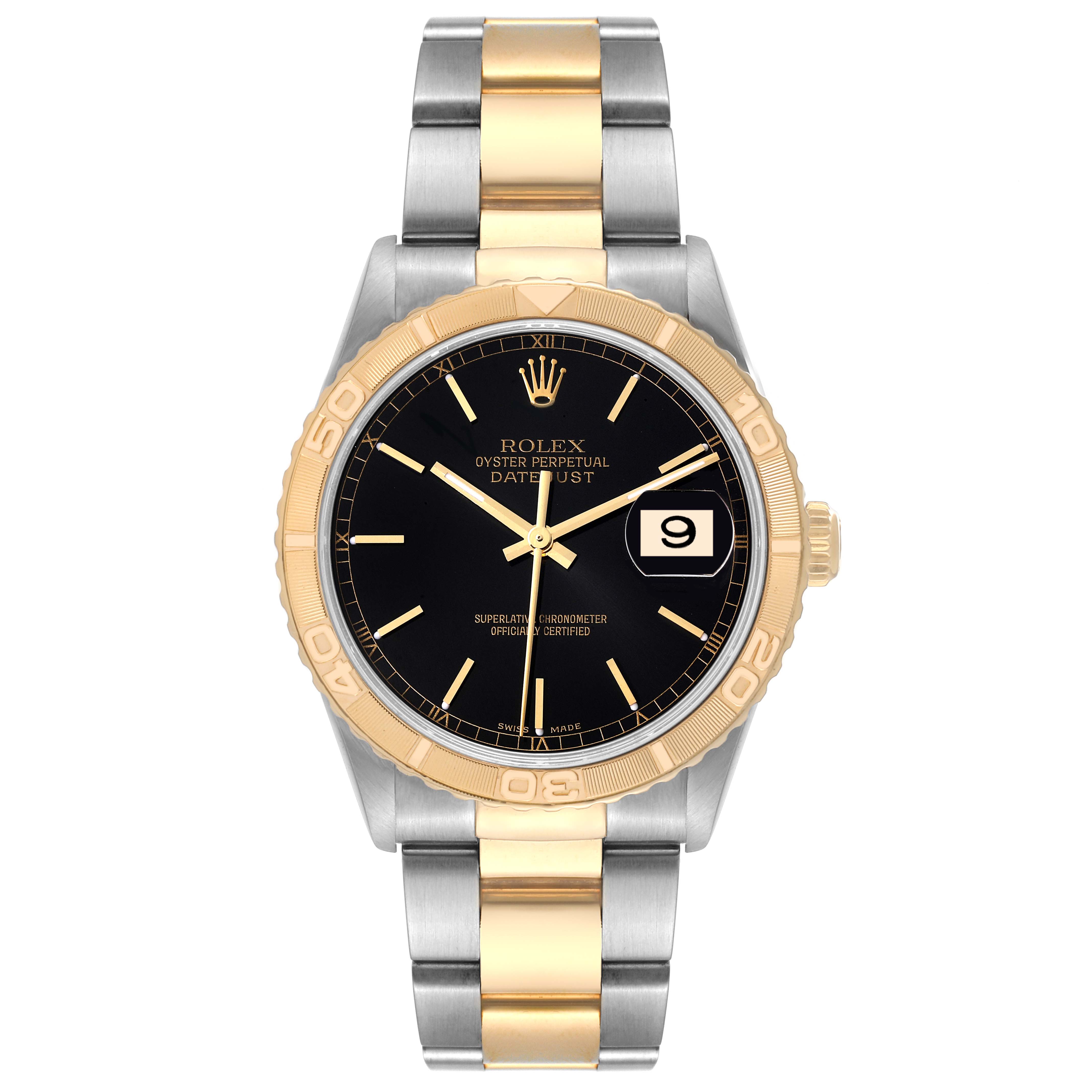 This image shows a front view of the Rolex Turn-o-Graph 16263 Men's Steel and Gold (two tone) Black Dial 16263 Men's Steel and Gold (two tone) Black Dial watch, highlighting its gold and stainless steel bracelet and black dial.