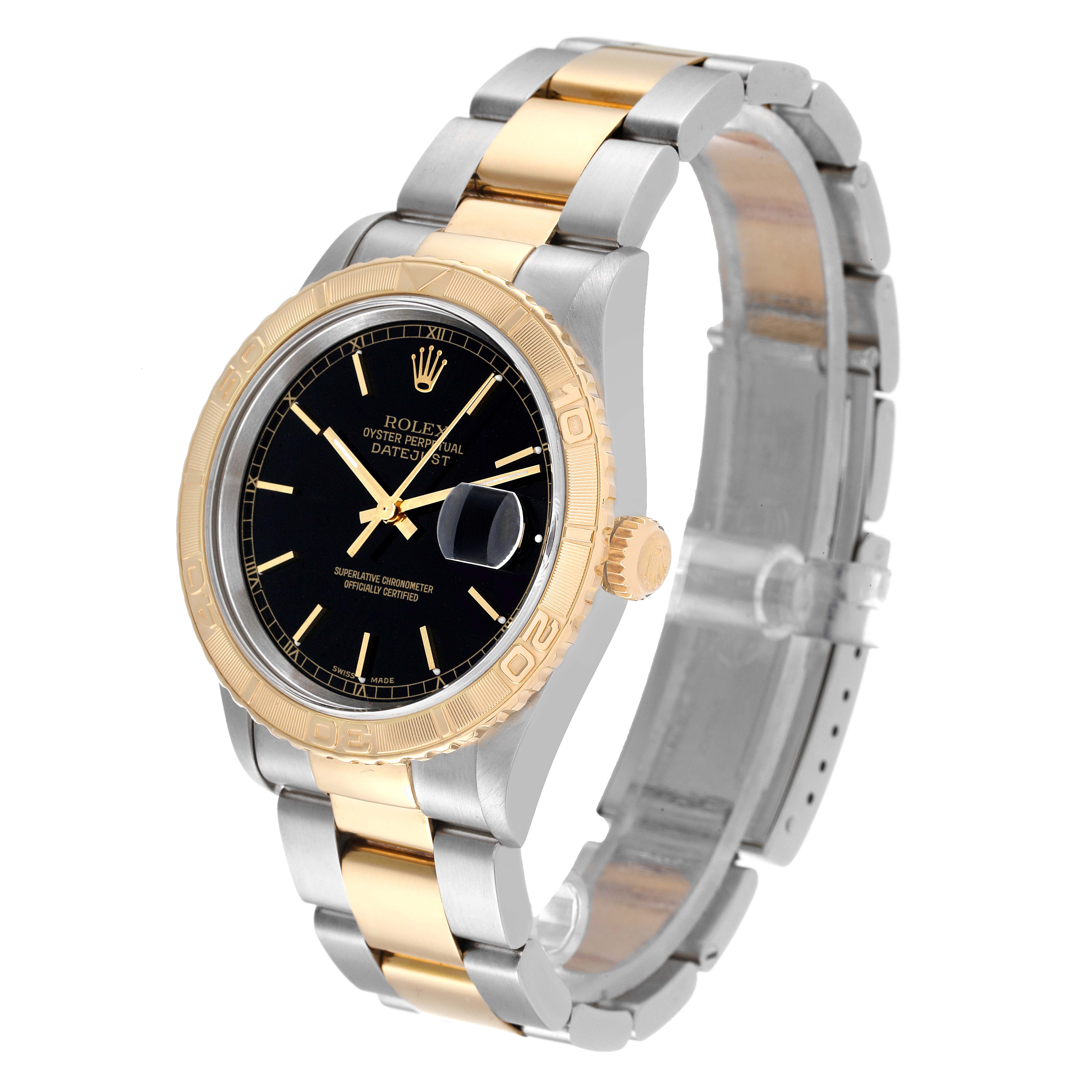 The Rolex Turn-o-Graph 16263 Men's Steel and Gold (two tone) Black Dial 16263 Men's Steel and Gold (two tone) Black Dial watch is shown at a side angle, highlighting its black dial, gold bezel, and two-tone bracelet.