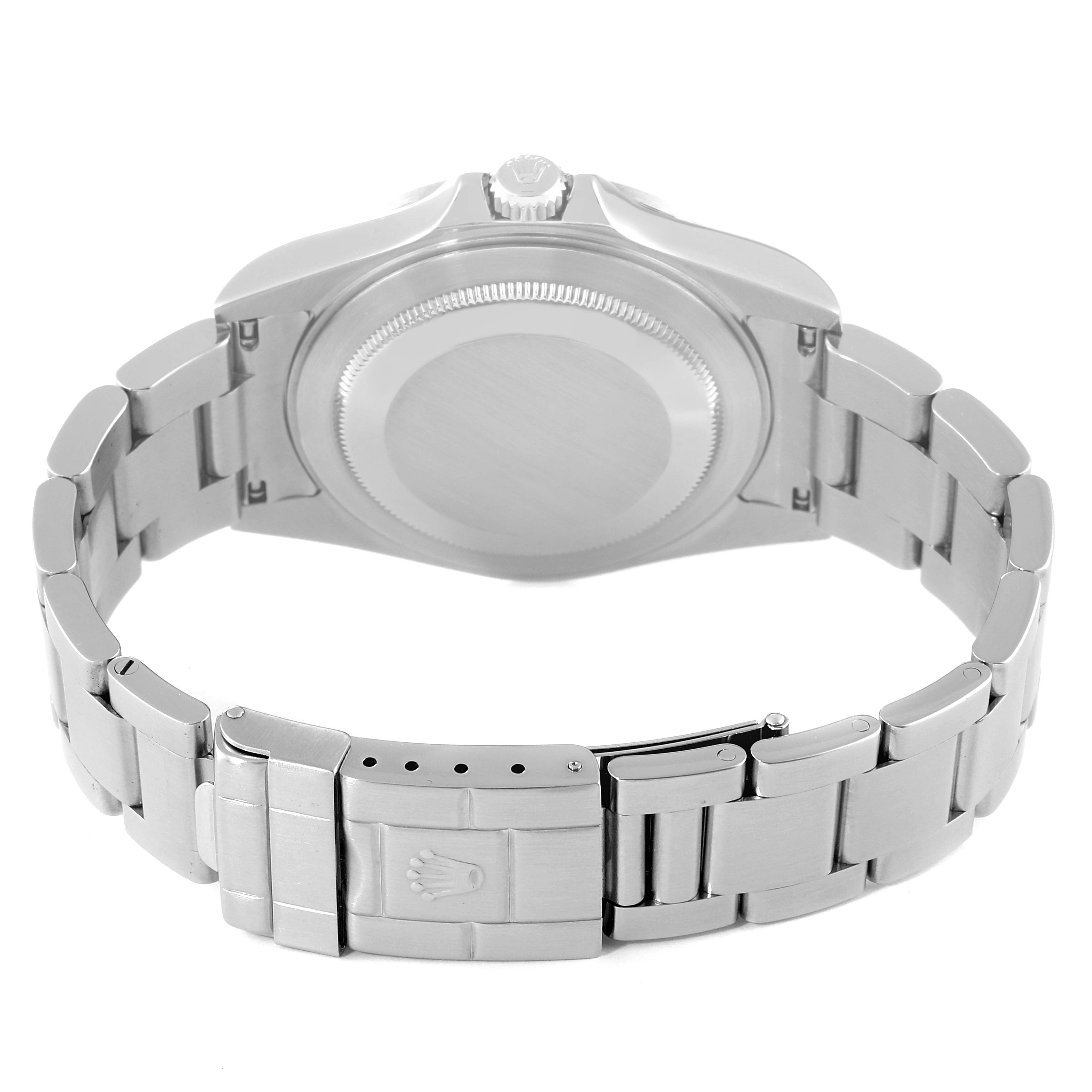 The image shows the back view of the Rolex Explorer 16570 Men's Stainless Steel White Dial 16570 Men's Stainless Steel White Dial model watch, highlighting the case back and metal bracelet with clasp.