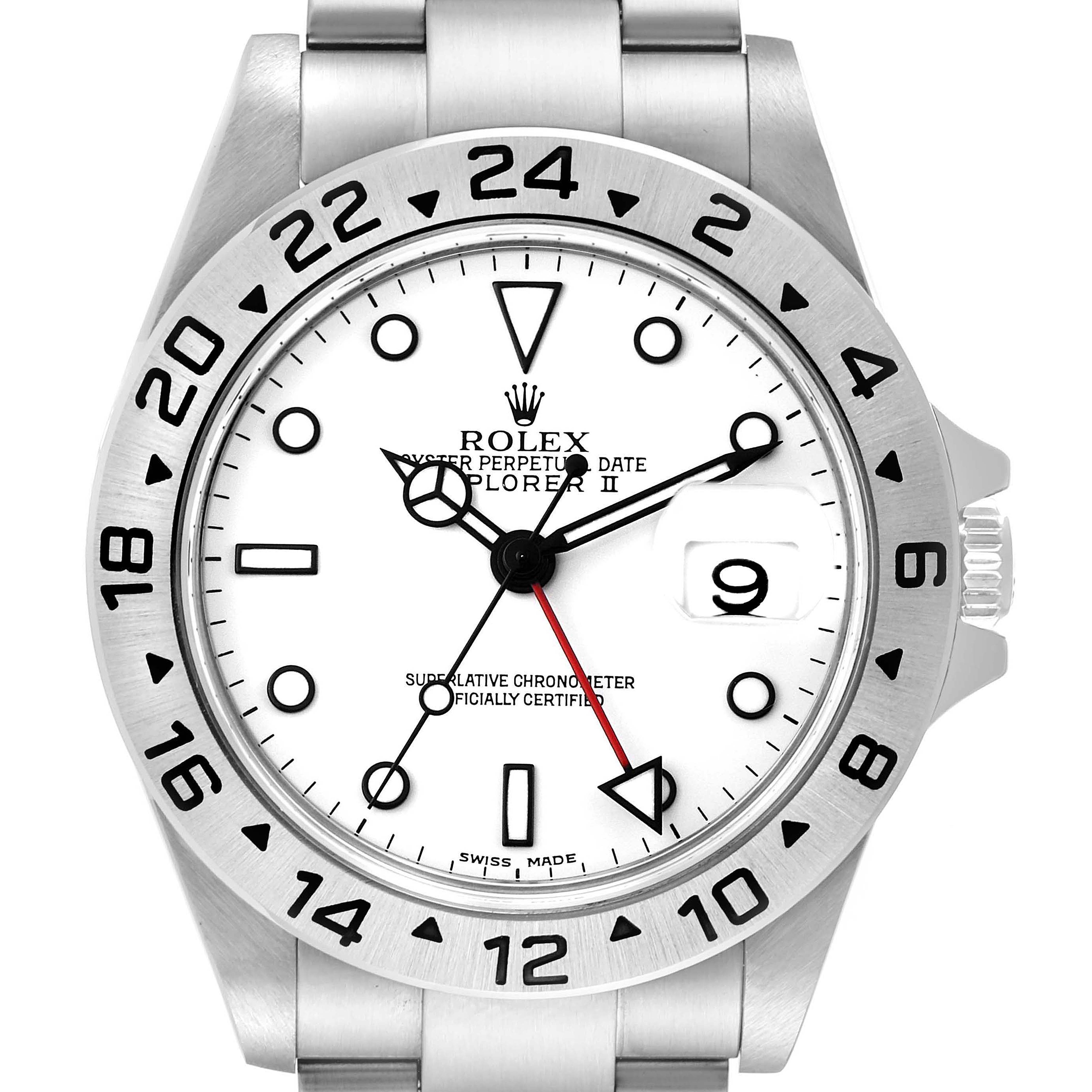 The image shows a front view of a Rolex Explorer 16570 Men's Stainless Steel White Dial 16570 Men's Stainless Steel White Dial watch, highlighting its bezel, dial, hands, and bracelet.