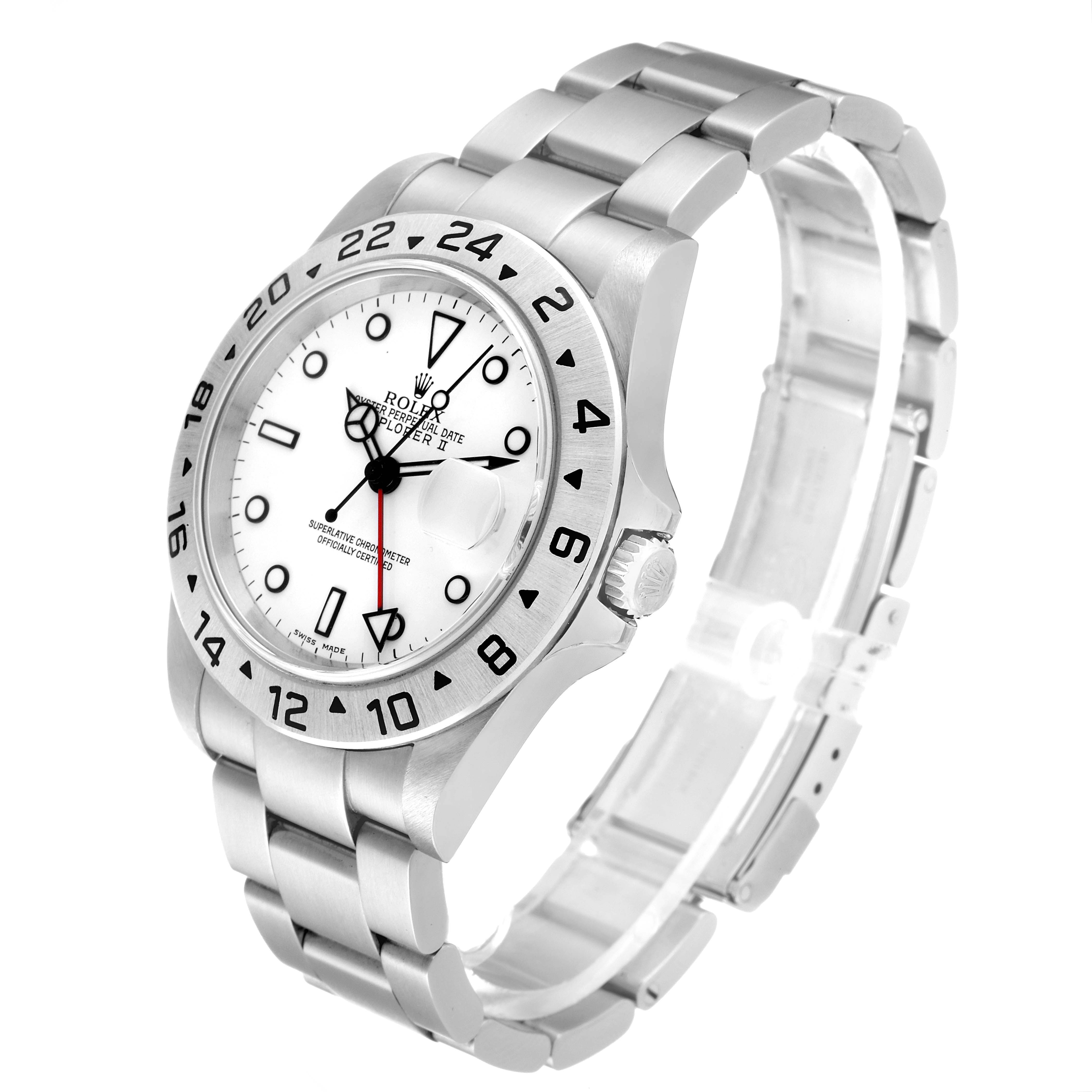 The image shows a Rolex Explorer 16570 Men's Stainless Steel White Dial 16570 Men's Stainless Steel White Dial watch from an angled view, highlighting its dial, bezel, bracelet, and crown.