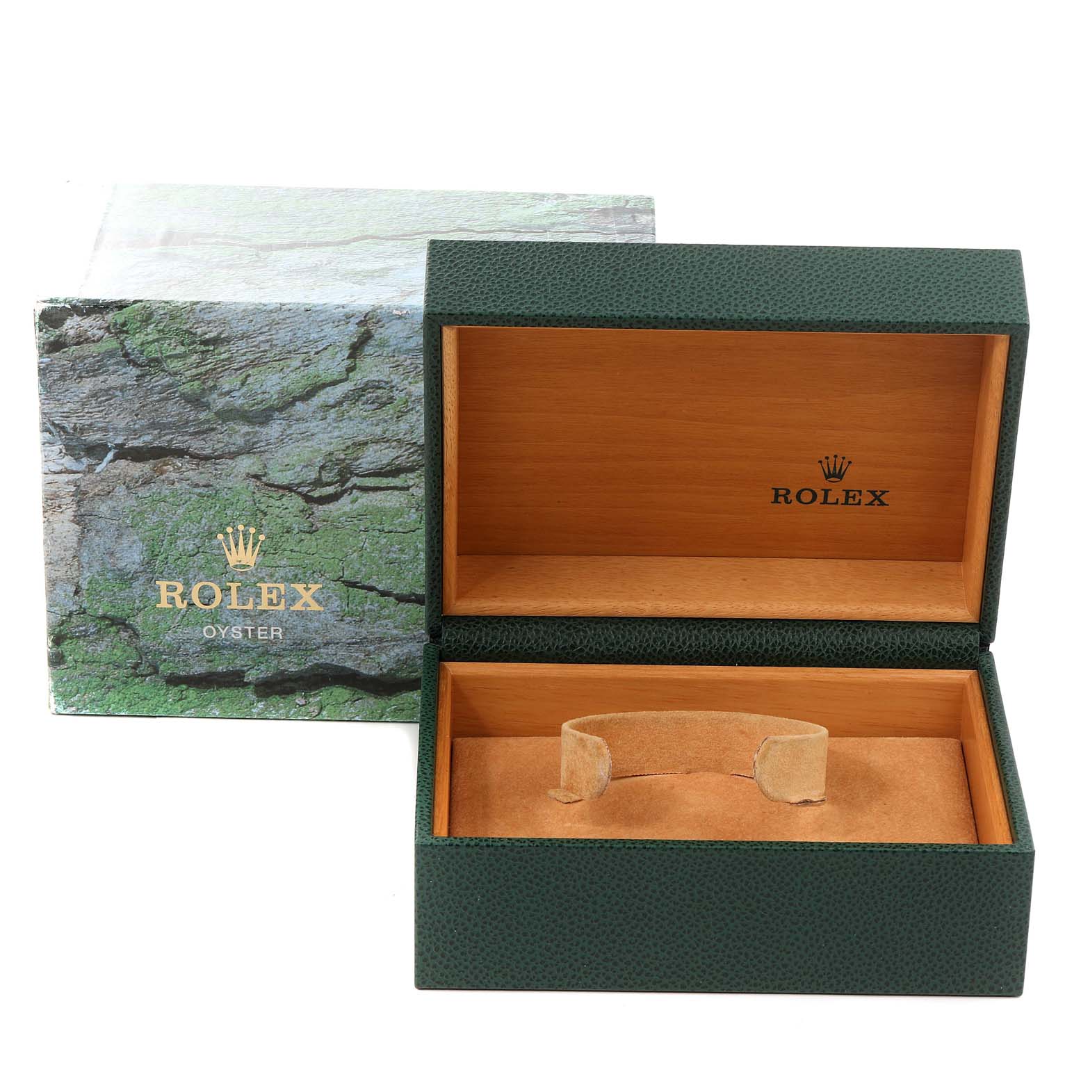 The image shows an open empty box and outer packaging for a Rolex Explorer 16570 Men's Stainless Steel White Dial 16570 Men's Stainless Steel White Dial model watch.