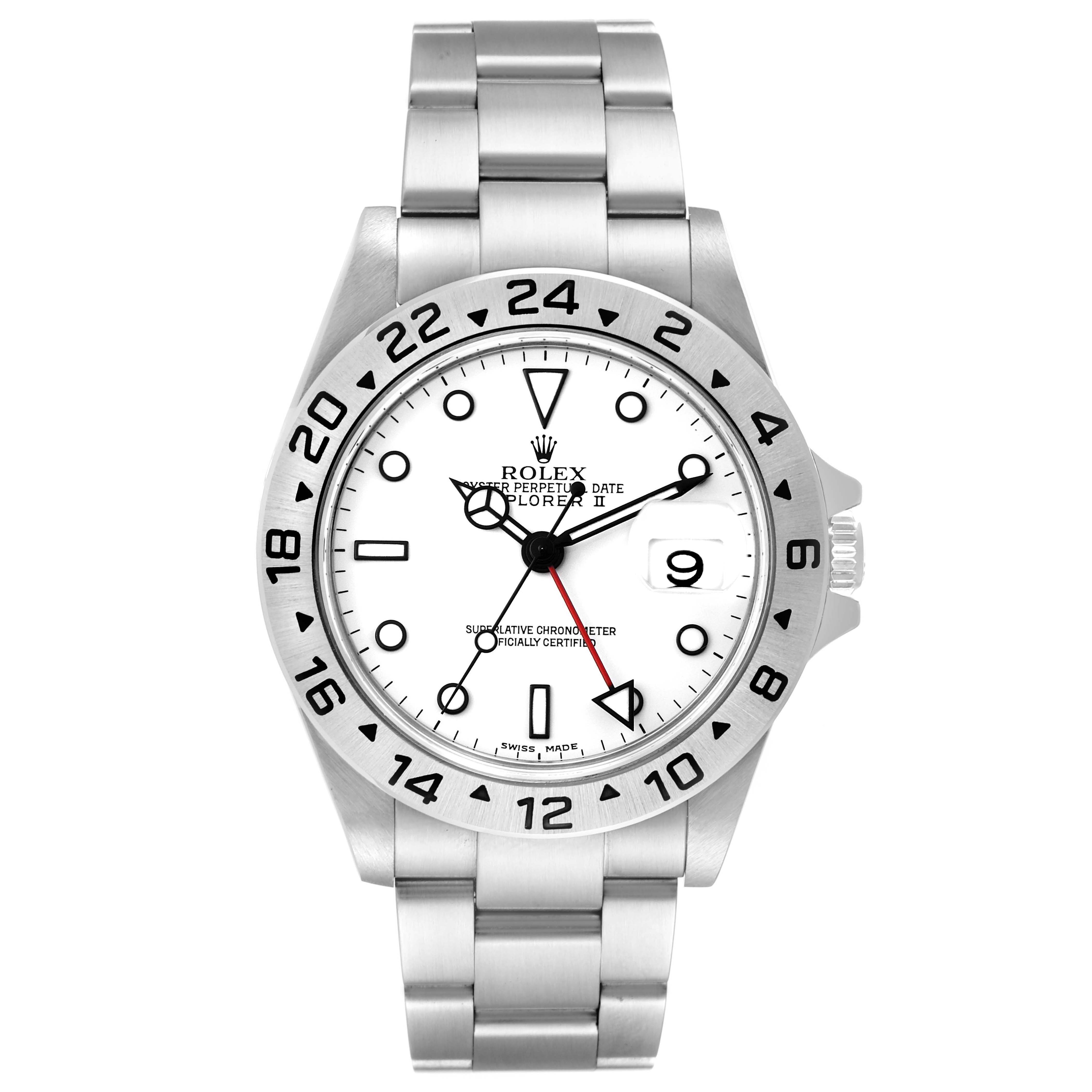 This image shows a front view of a Rolex Explorer 16570 Men's Stainless Steel White Dial 16570 Men's Stainless Steel White Dial watch, highlighting its dial, bezel, case, bracelet, and crown.