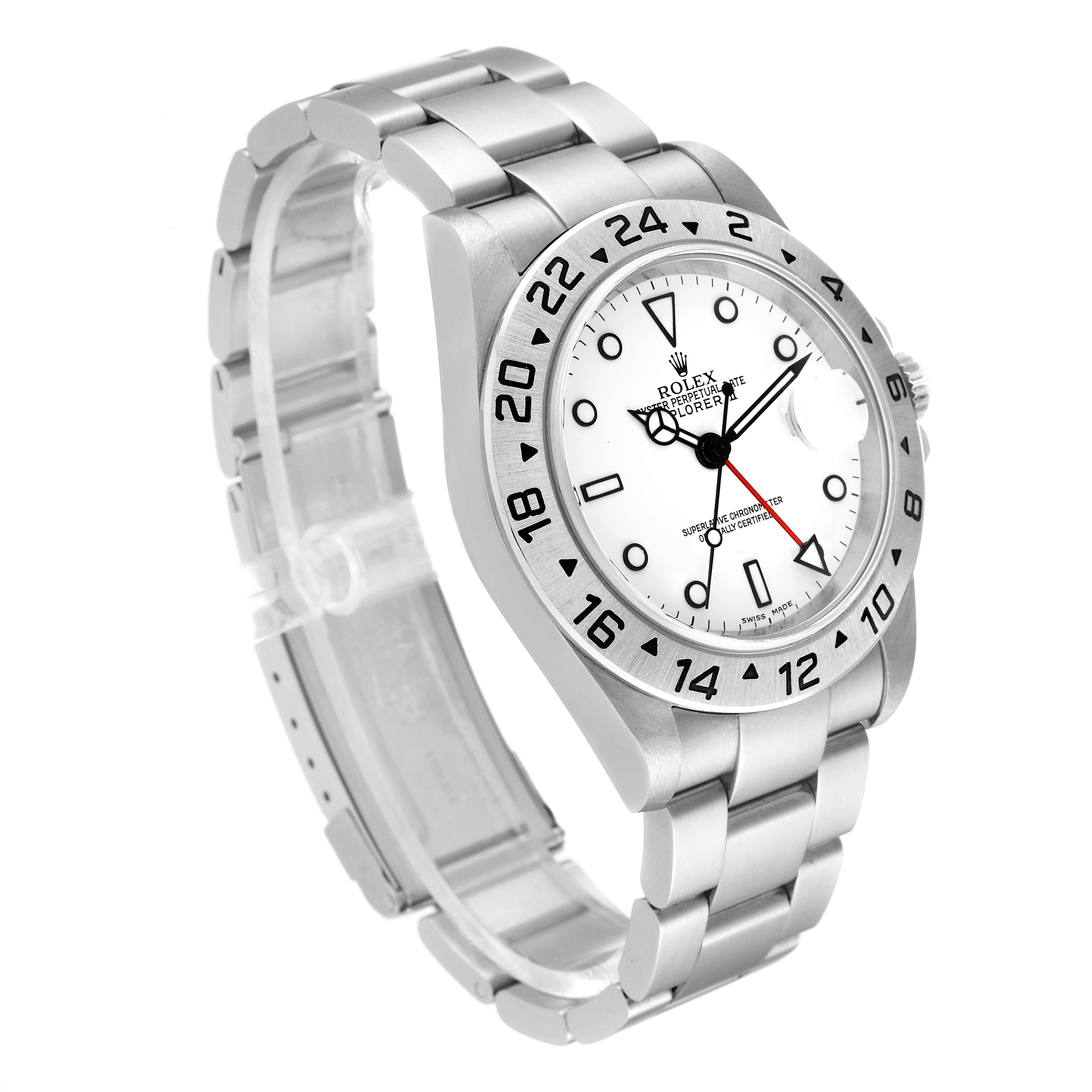 This Rolex Explorer 16570 Men's Stainless Steel White Dial 16570 Men's Stainless Steel White Dial watch is shown from the front-left angle, highlighting the dial, bezel, and bracelet.