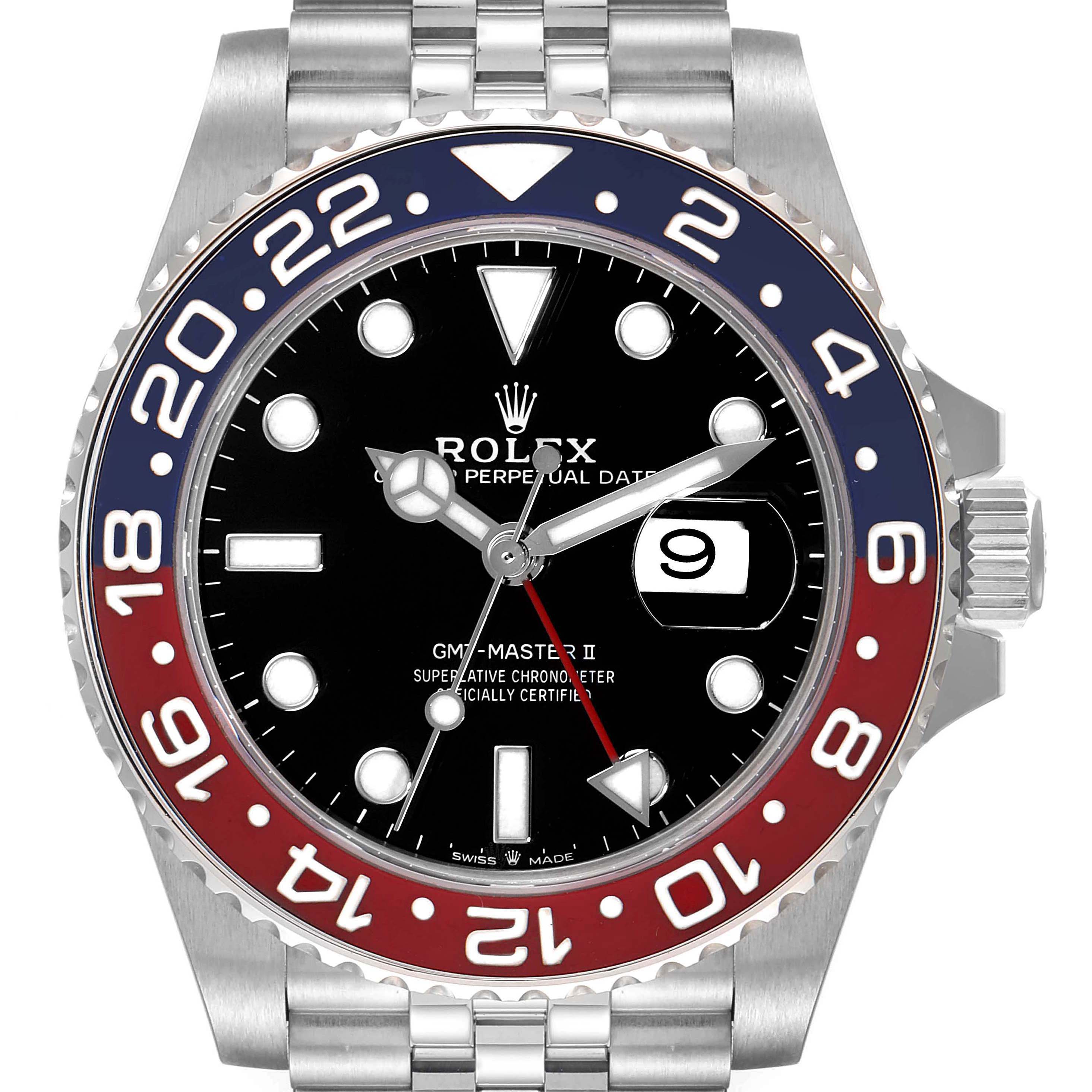 The image shows a front view of a Rolex GMT-Master 126710 Men's Stainless Steel Black Dial 126710 Men's Stainless Steel Black Dial II watch, highlighting the bezel, dial, hands, and date window.