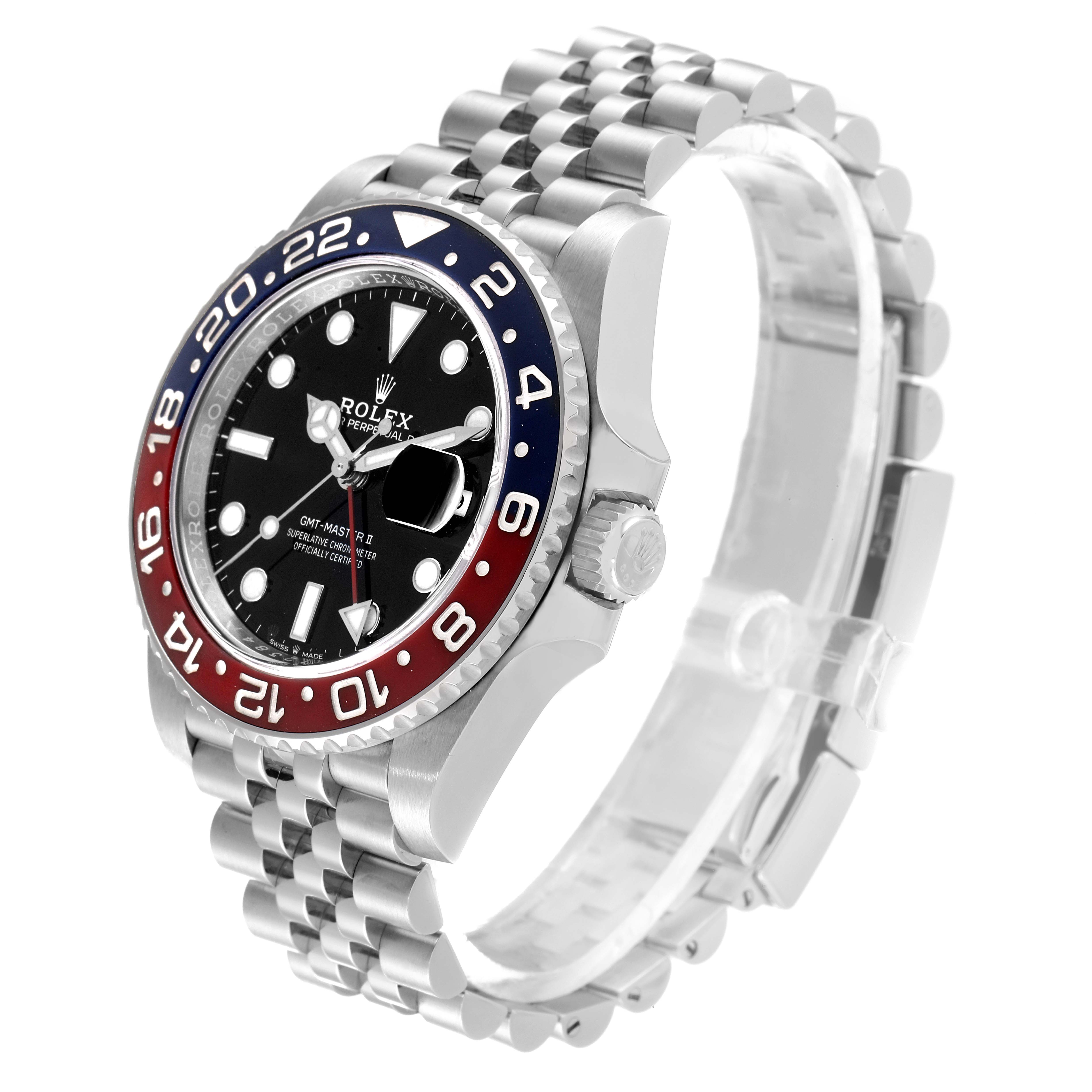 The image shows a Rolex GMT-Master 126710 Men's Stainless Steel Black Dial 126710 Men's Stainless Steel Black Dial watch at an angled side view, highlighting its bezel, dial, crown, and jubilee bracelet.