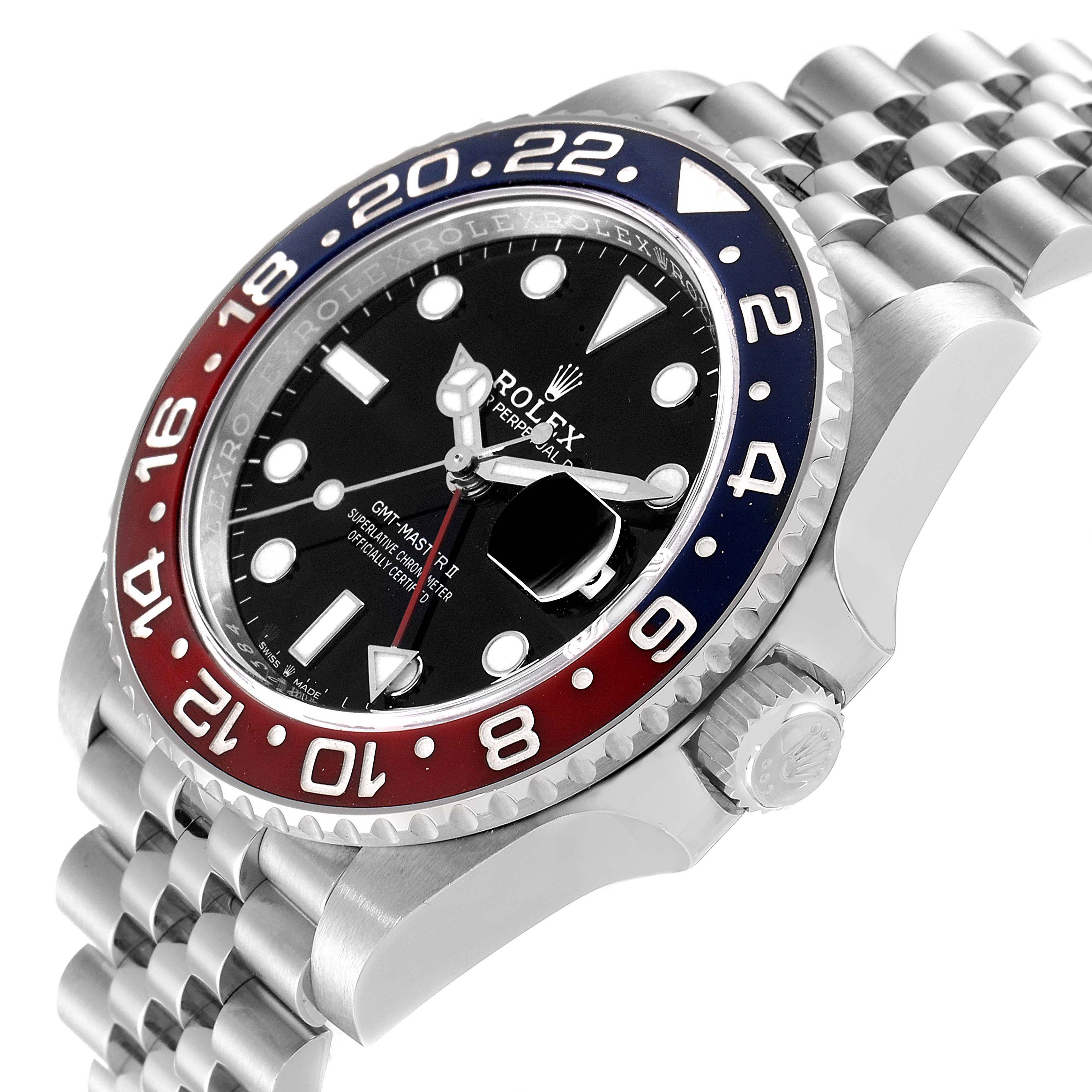 This image shows a Rolex GMT-Master 126710 Men's Stainless Steel Black Dial 126710 Men's Stainless Steel Black Dial watch at an angle focusing on the bezel, dial, crown, and bracelet.