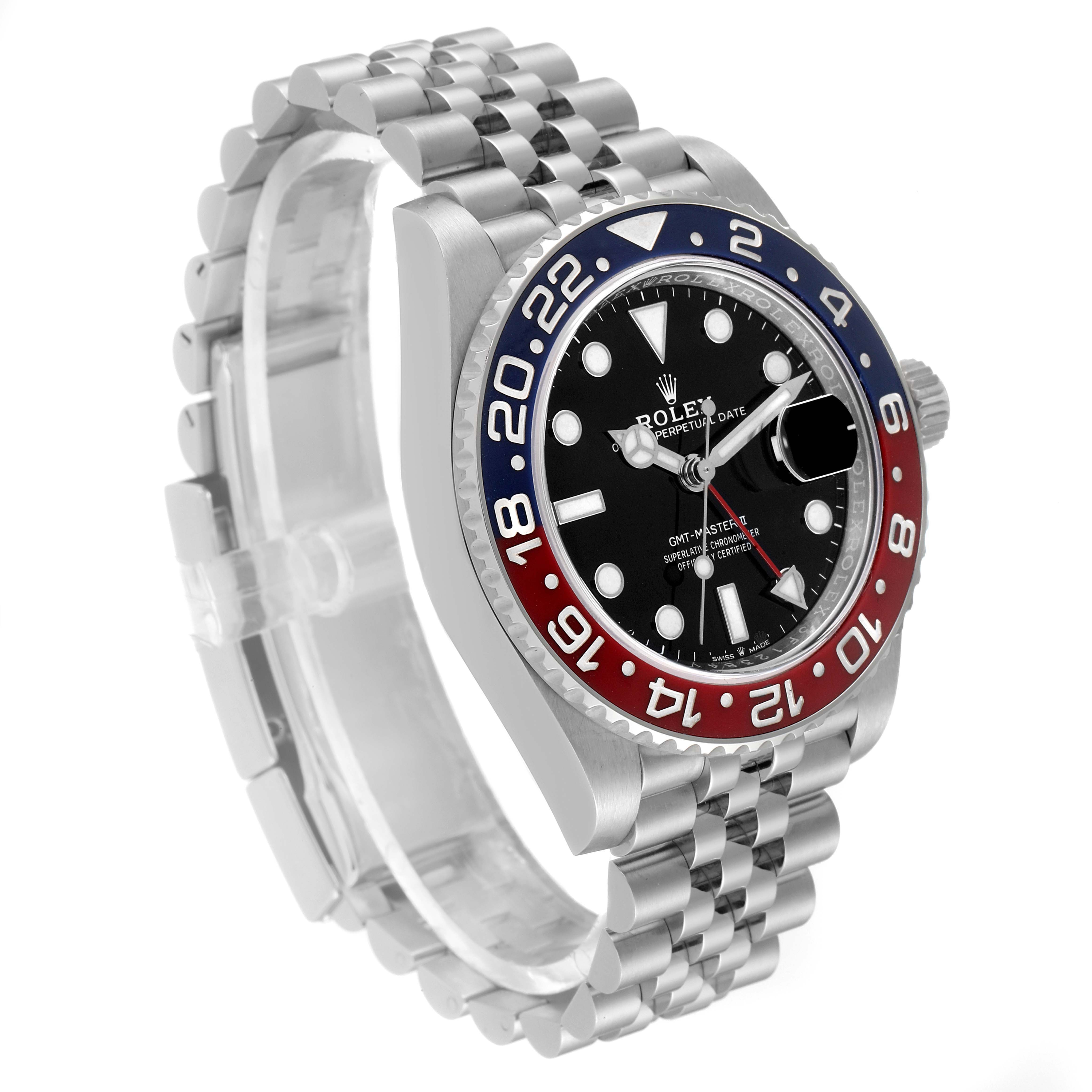 This image shows a side and front angle of a Rolex GMT-Master 126710 Men's Stainless Steel Black Dial 126710 Men's Stainless Steel Black Dial watch, highlighting the bezel, dial, and bracelet.