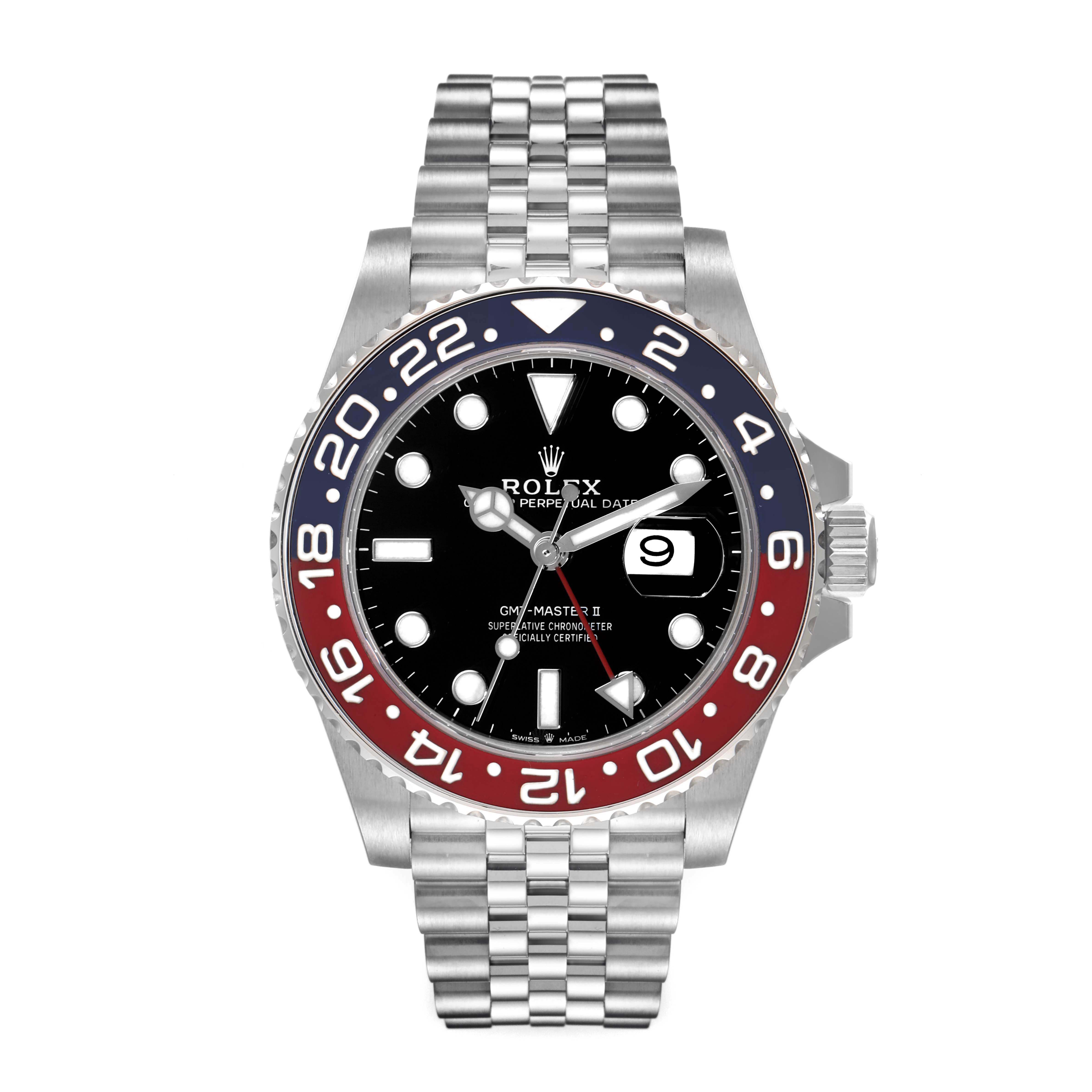This image shows a front view of a Rolex GMT-Master 126710 Men's Stainless Steel Black Dial 126710 Men's Stainless Steel Black Dial II watch with a jubilee bracelet and a red and blue bezel.