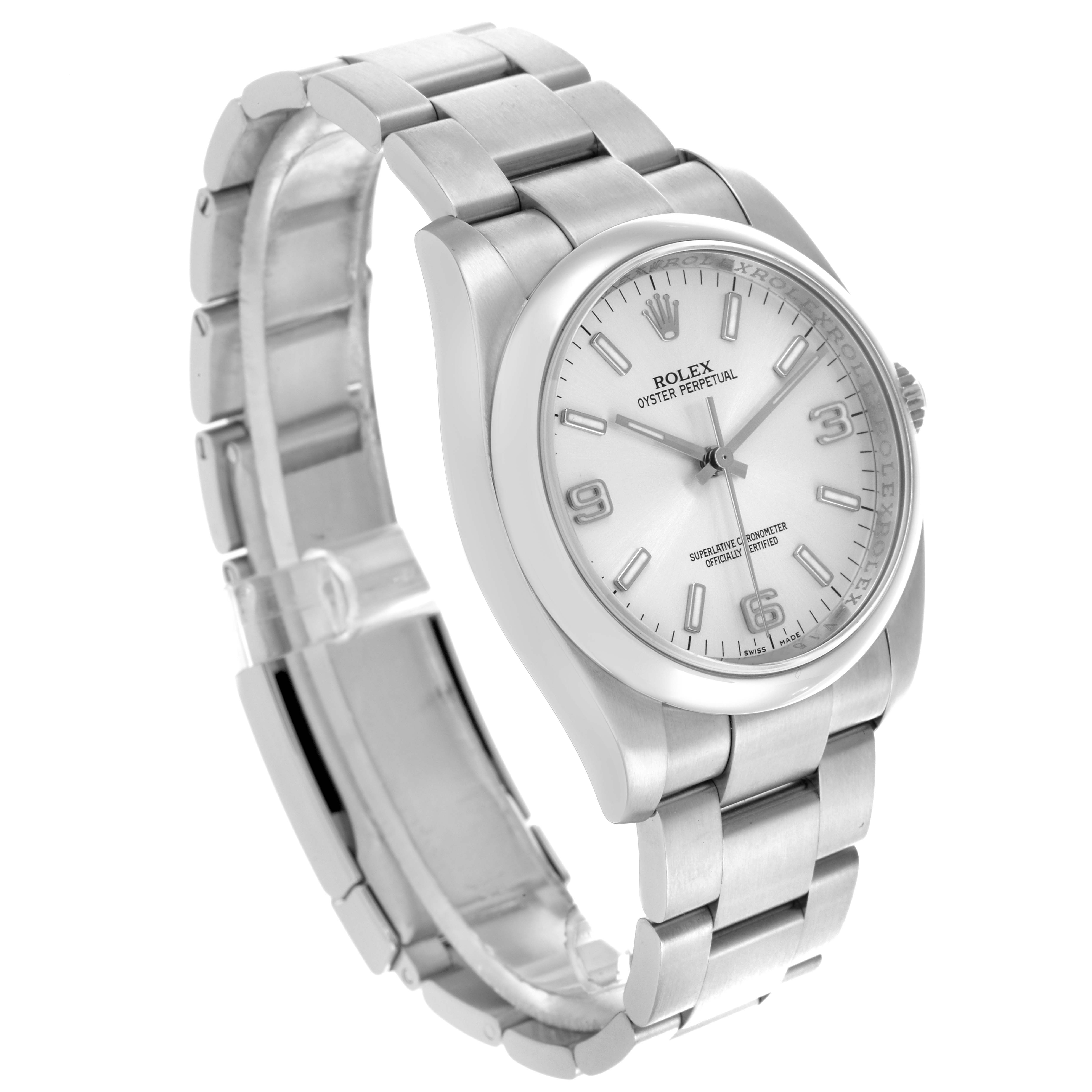 The Rolex Oyster Perpetual 116000 Men's Stainless Steel Silver Dial 116000 Men's Stainless Steel Silver Dial watch is shown at an angled view, highlighting the dial, case, and bracelet.