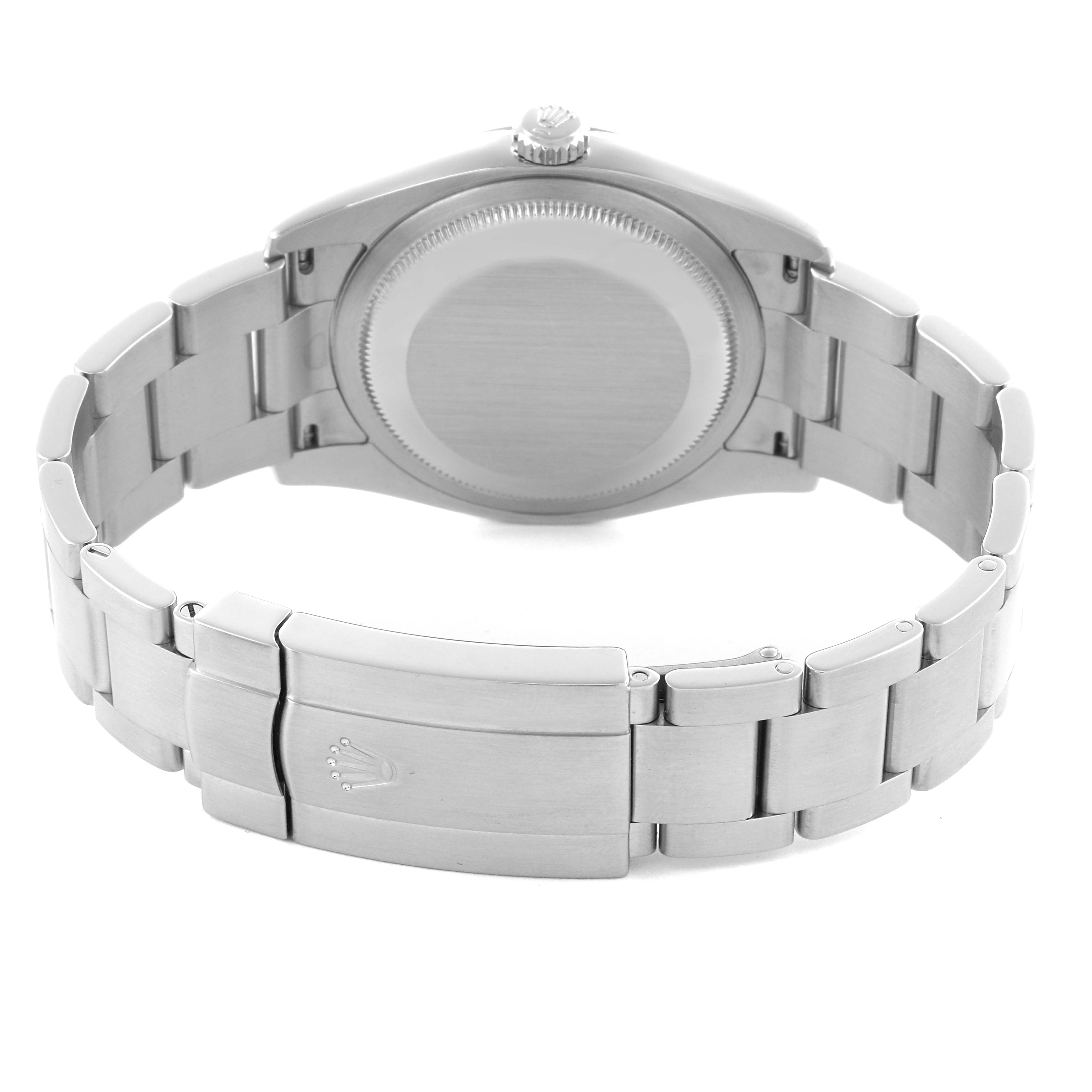 The image shows the back and bracelet of a Rolex Oyster Perpetual 116000 Men's Stainless Steel Silver Dial 116000 Men's Stainless Steel Silver Dial watch, highlighting the clasp and case back.