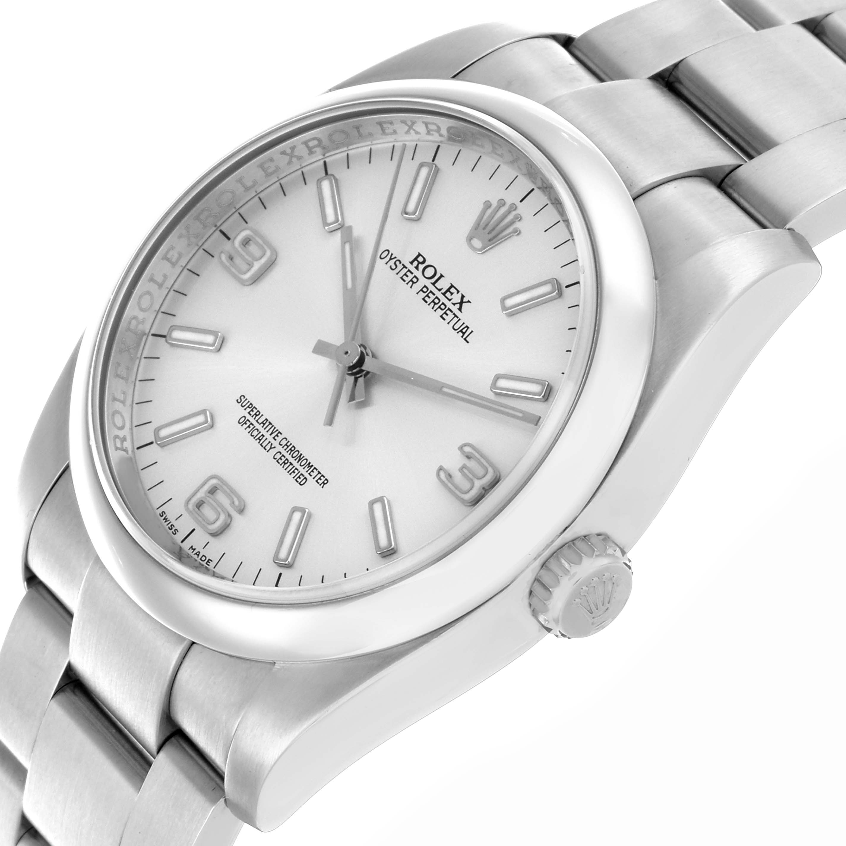The Rolex Oyster Perpetual 116000 Men's Stainless Steel Silver Dial 116000 Men's Stainless Steel Silver Dial watch is shown at a three-quarter angle, displaying the face, bracelet, and crown.