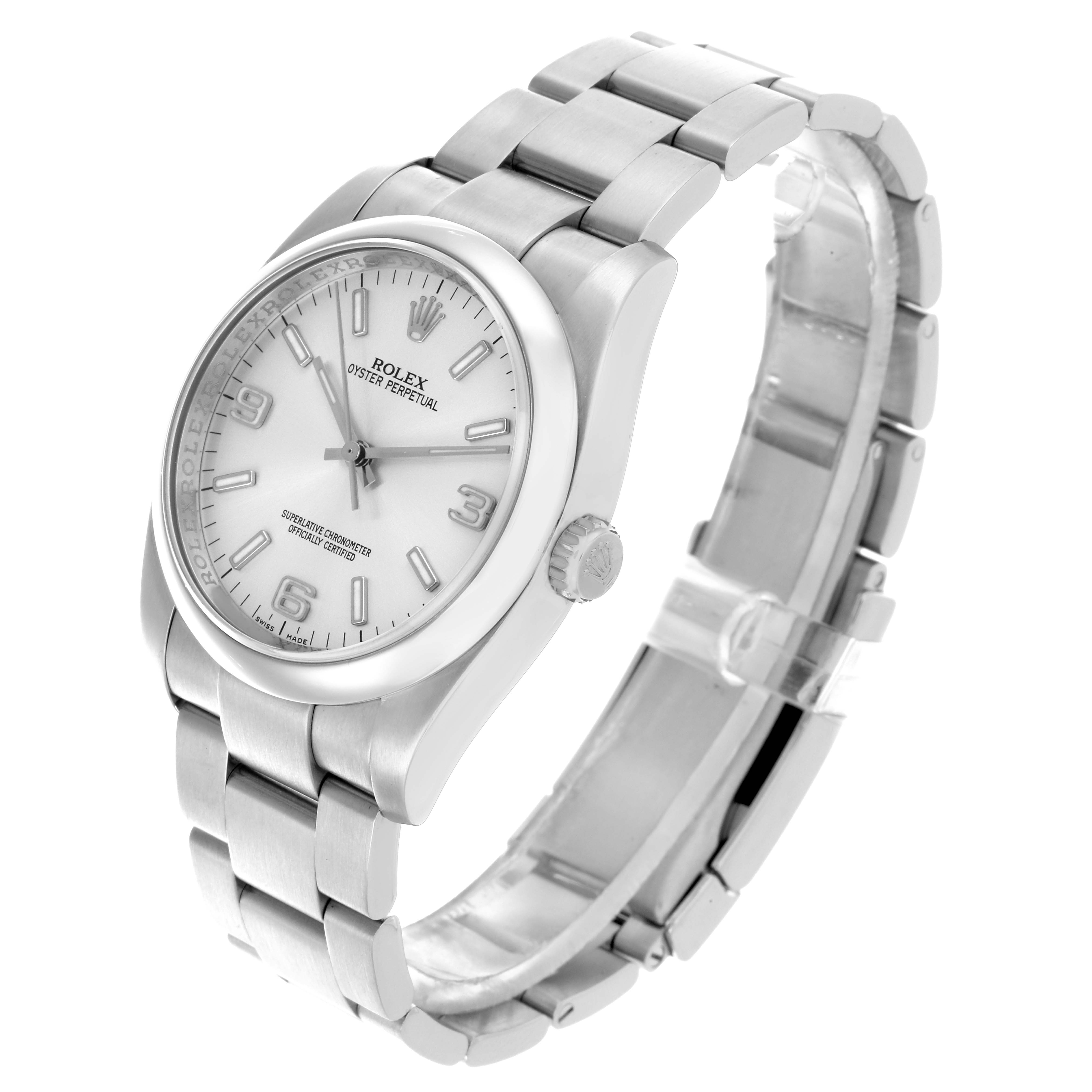 The image shows a Rolex Oyster Perpetual 116000 Men's Stainless Steel Silver Dial 116000 Men's Stainless Steel Silver Dial watch at a three-quarter angle, displaying the face, bezel, crown, and bracelet.