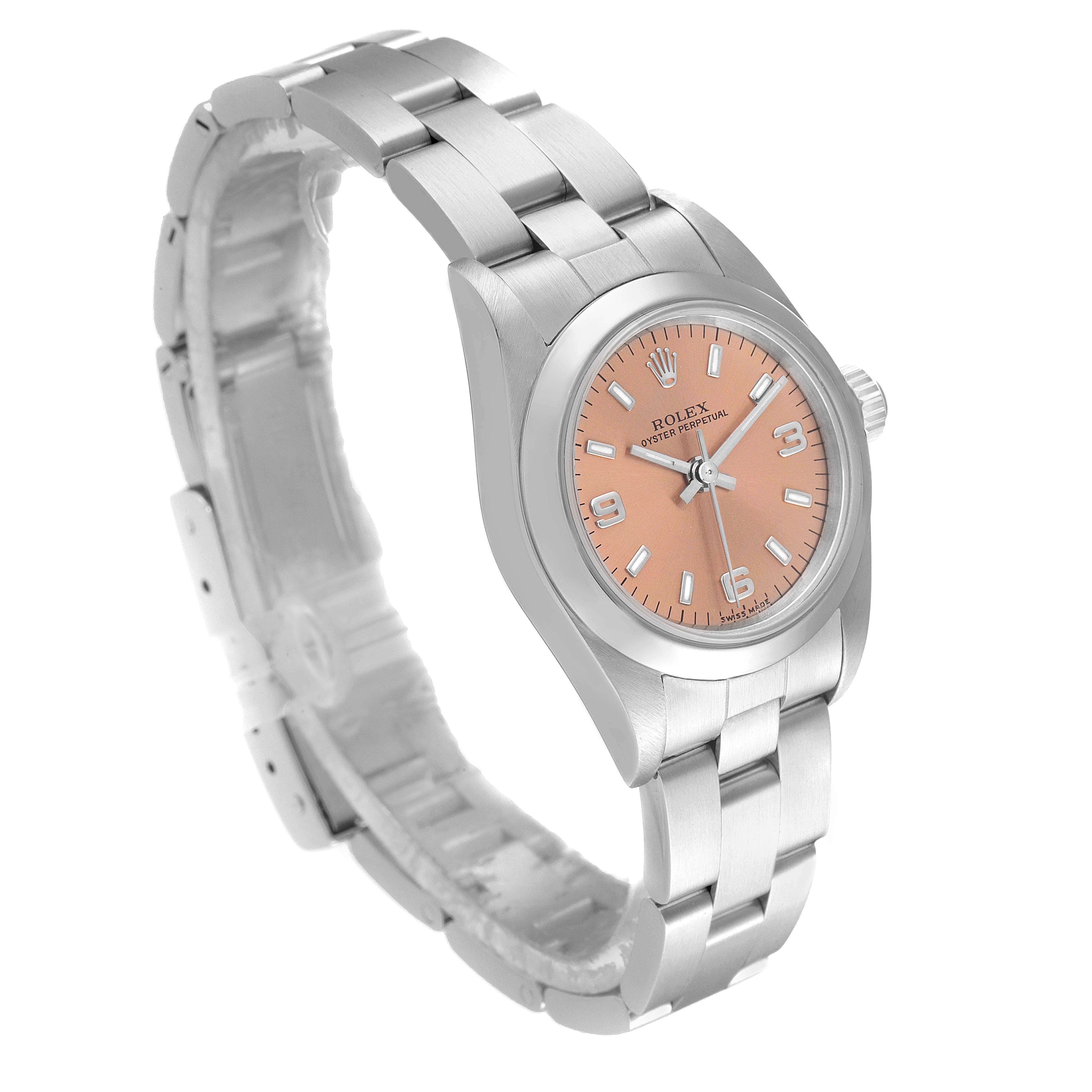 The image shows a Rolex Oyster Perpetual 76080 Women's Stainless Steel Pink Dial 76080 Women's Stainless Steel Pink Dial watch at a slight angle, displaying the dial, bezel, bracelet, and crown.