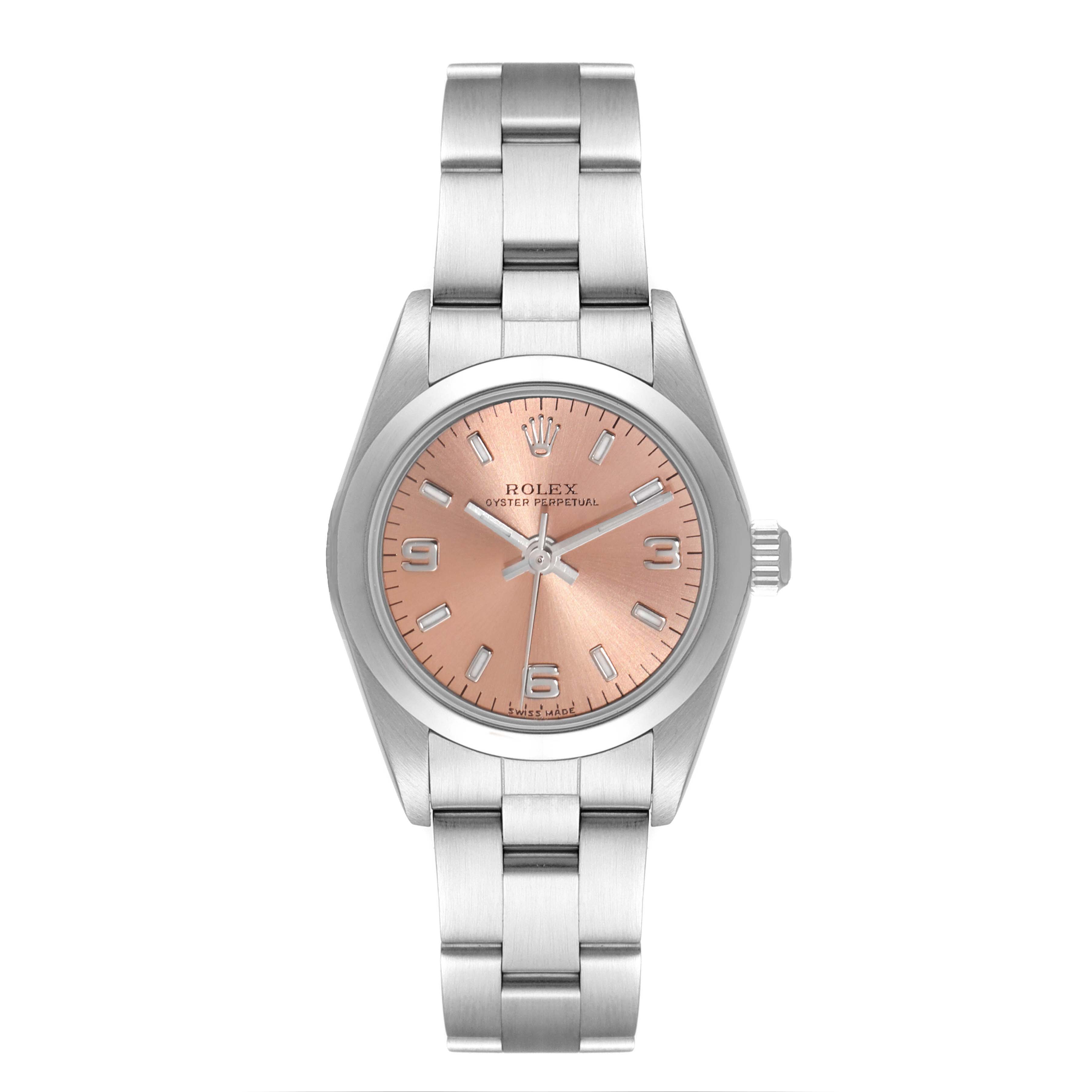 This image shows a front view of a Rolex Oyster Perpetual 76080 Women's Stainless Steel Pink Dial 76080 Women's Stainless Steel Pink Dial watch featuring a pink dial and silver bracelet.
