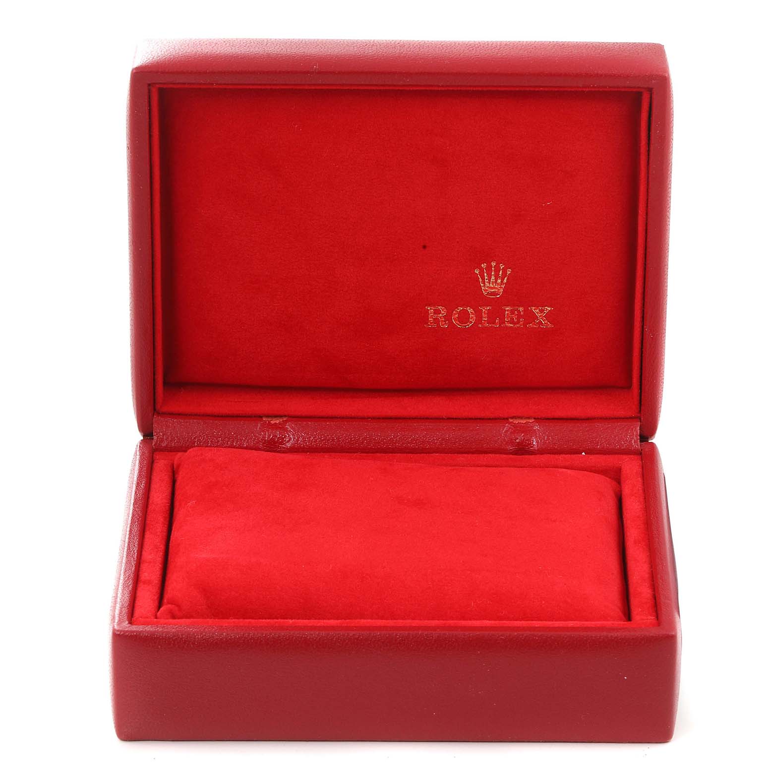 The image shows an open red watch case for an Oyster Perpetual model by Rolex.