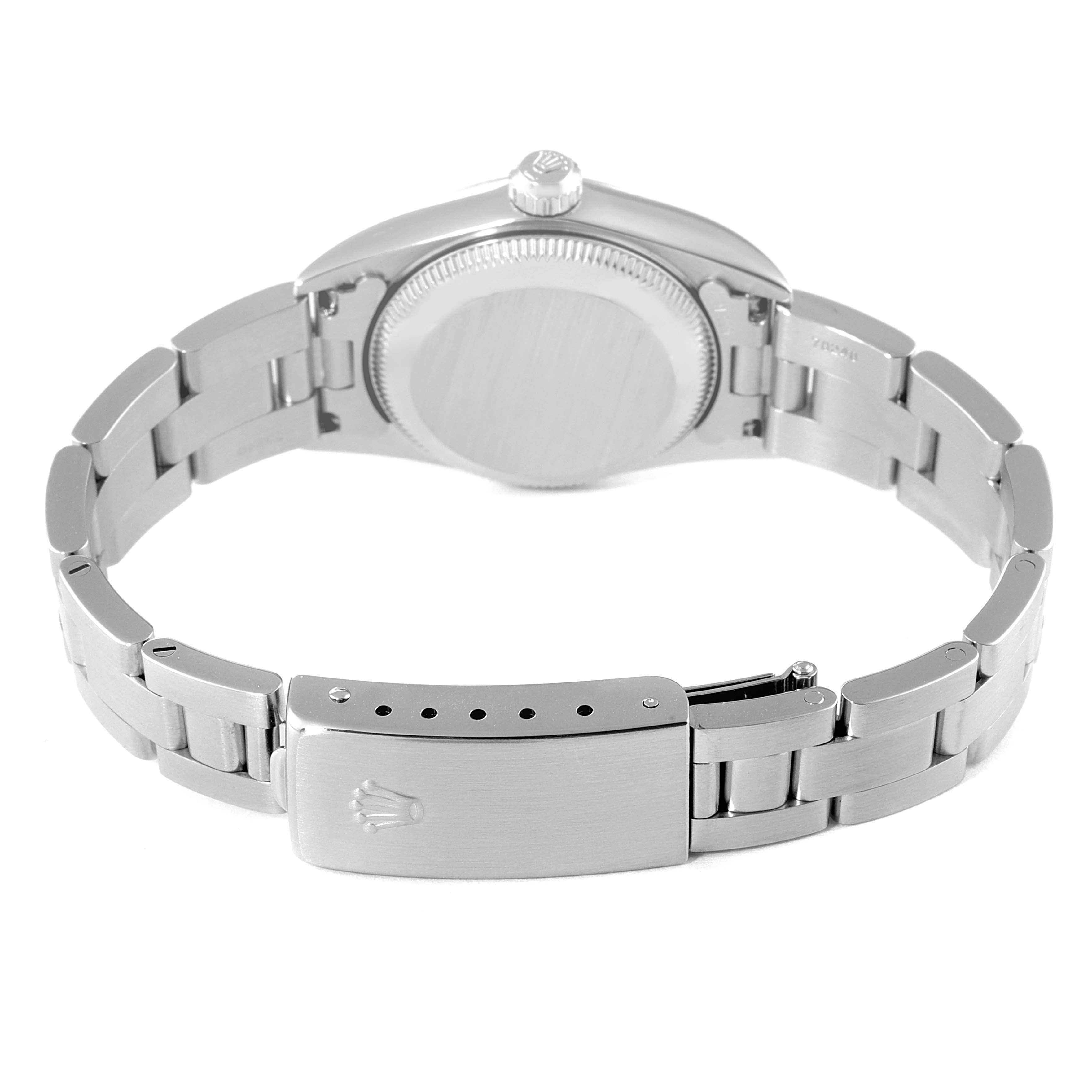 This image shows the back of a Rolex Oyster Perpetual 76080 Women's Stainless Steel Pink Dial 76080 Women's Stainless Steel Pink Dial watch, highlighting the closed clasp and bracelet links.